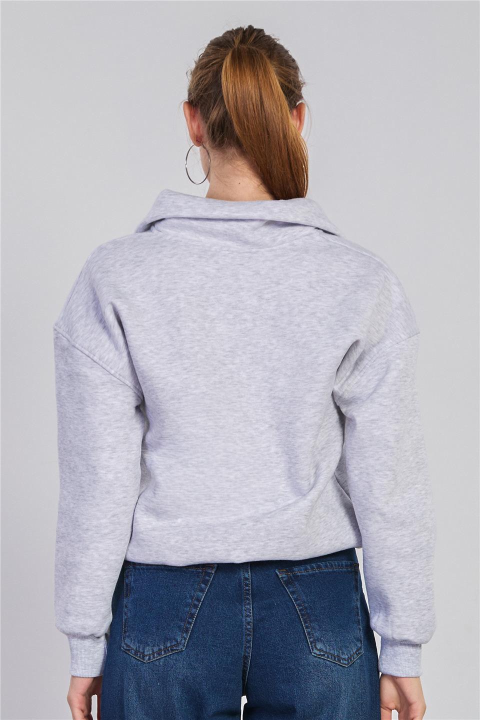 Kadın Yarım Fermuarlı Nebraska Baskılı Sweatshirt - Kar Melanj