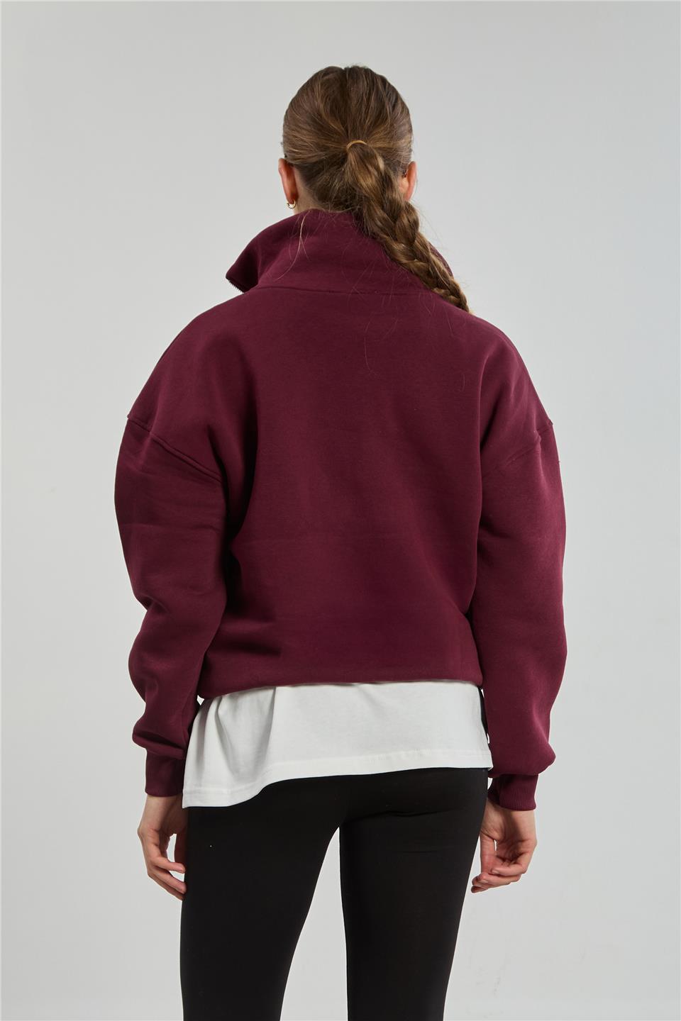 Kadın Yarım Fermuarlı Nebraska Baskılı Sweatshirt - Vişne