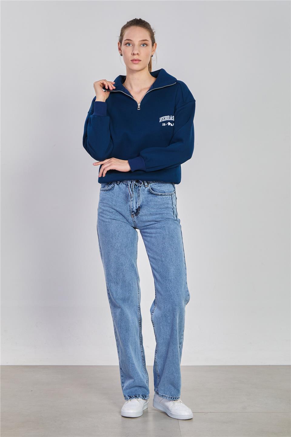 Kadın Yarım Fermuarlı Nebraska Baskılı Sweatshirt - Lacivert