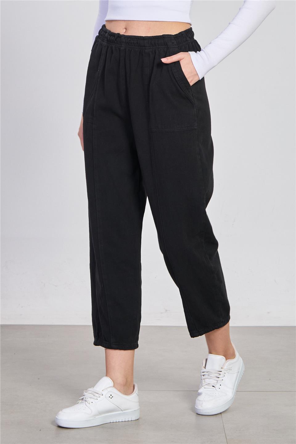 Kadın Yıkamalı Havuç Pantolon - Siyah