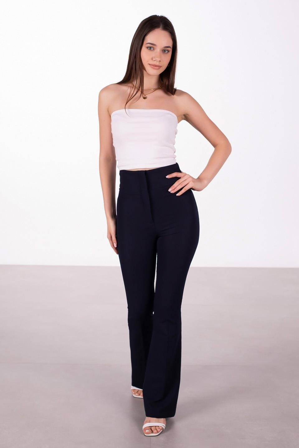 Kadın Yüksek Bel İspanyol Paça Pantolon - Lacivert