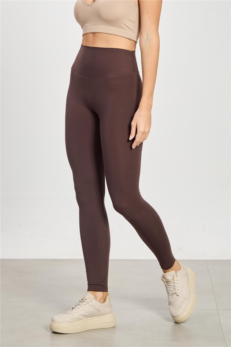 Kadın Yüksek Bel Polyemid Tayt - Acı Kahve