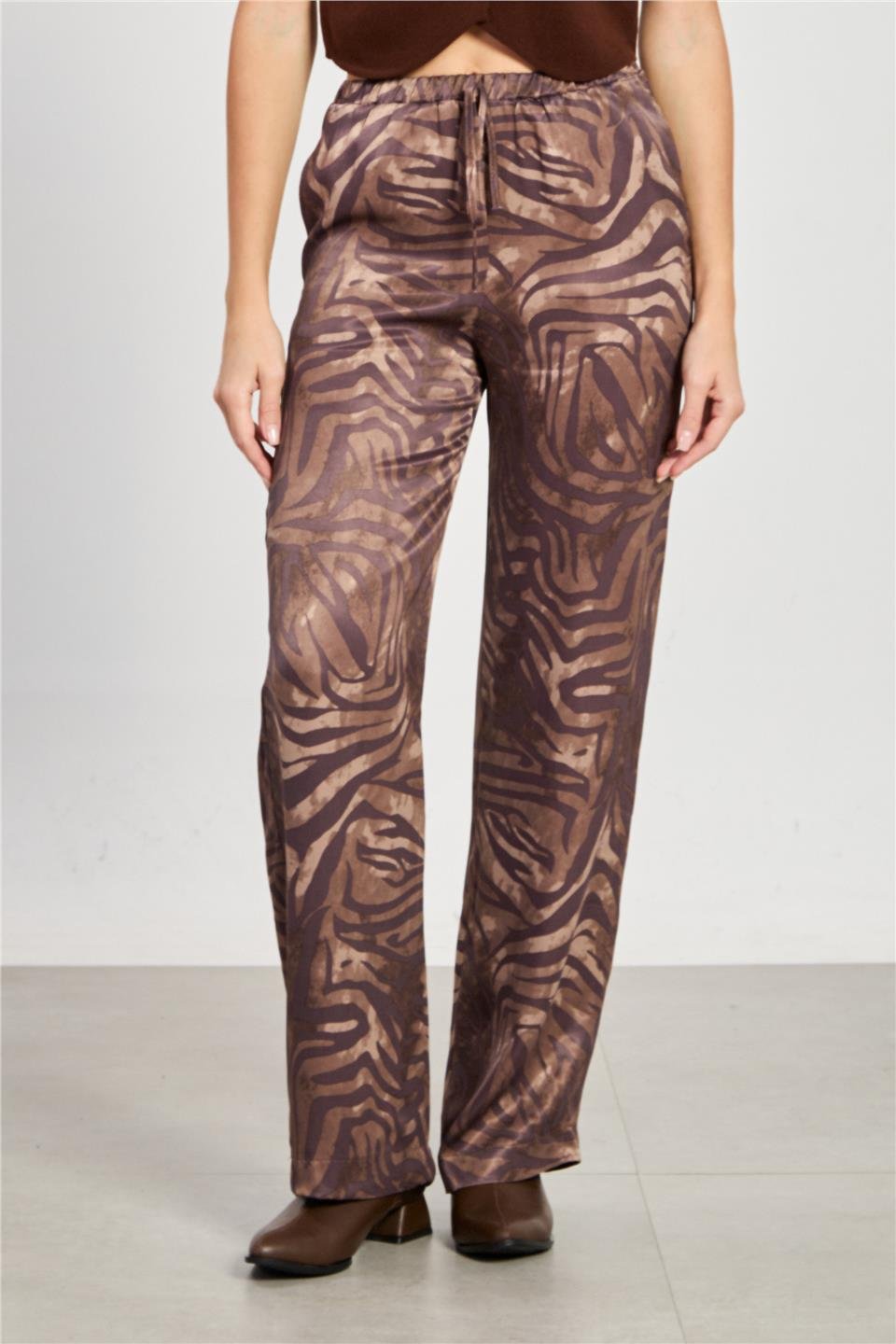 Kadın Zebra Desen Bol Paça Pantolon - Kahve