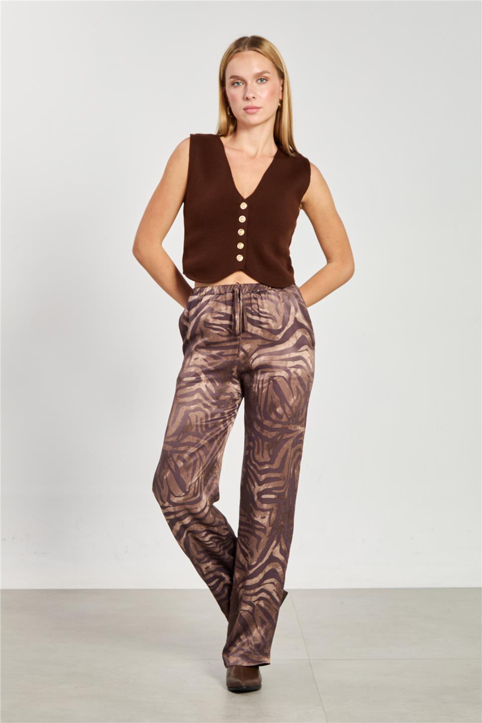 Kadın Zebra Desen Bol Paça Pantolon - Kahve