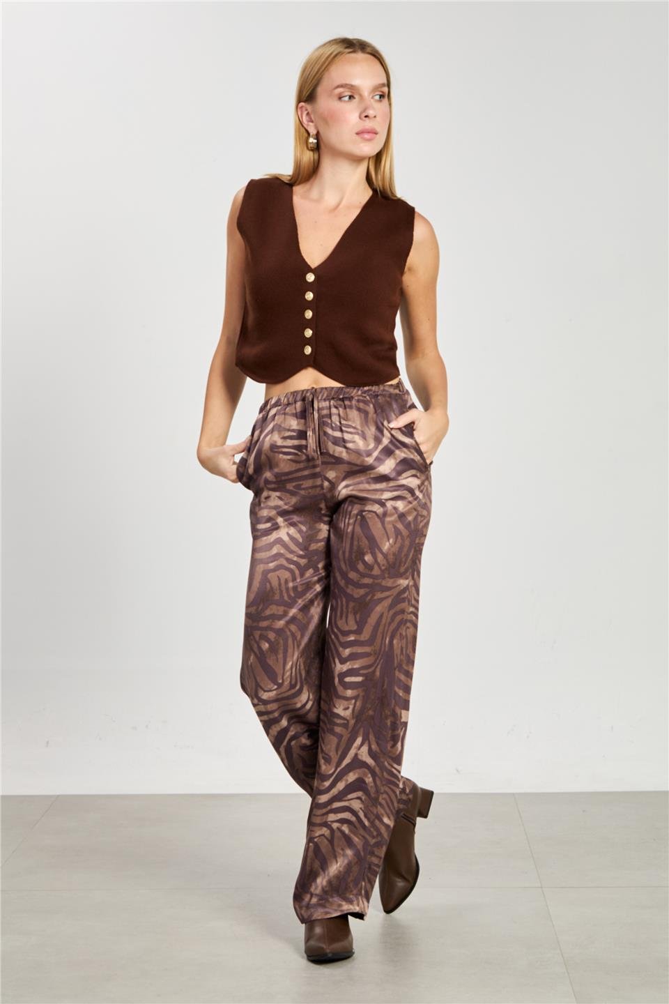Kadın Zebra Desen Bol Paça Pantolon - Kahve