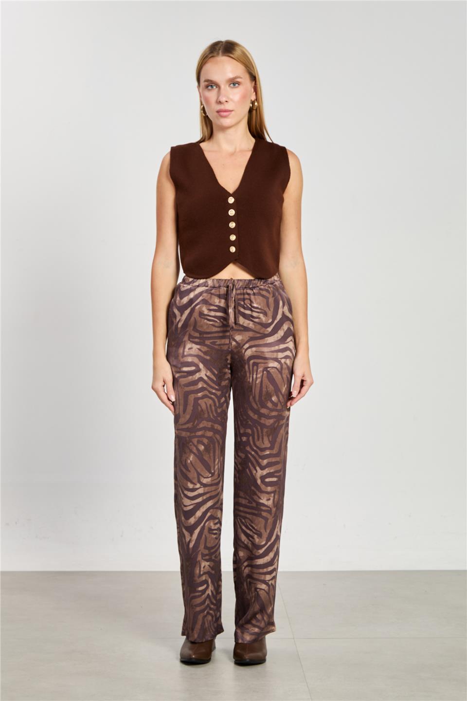 Kadın Zebra Desen Bol Paça Pantolon - Kahve
