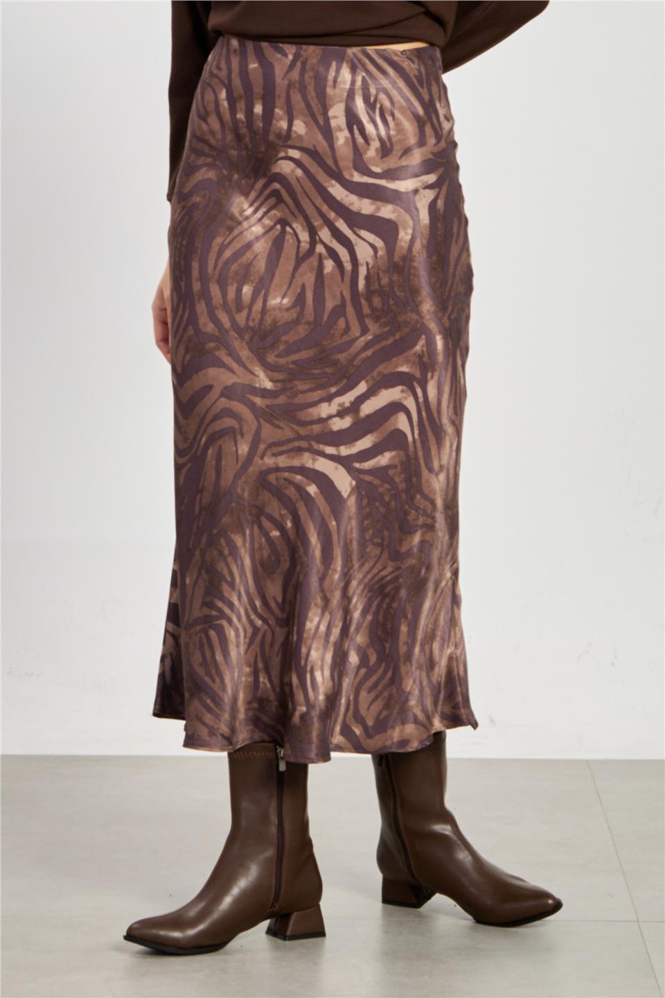 Kadın Zebra Desen Midi Etek - Kahve