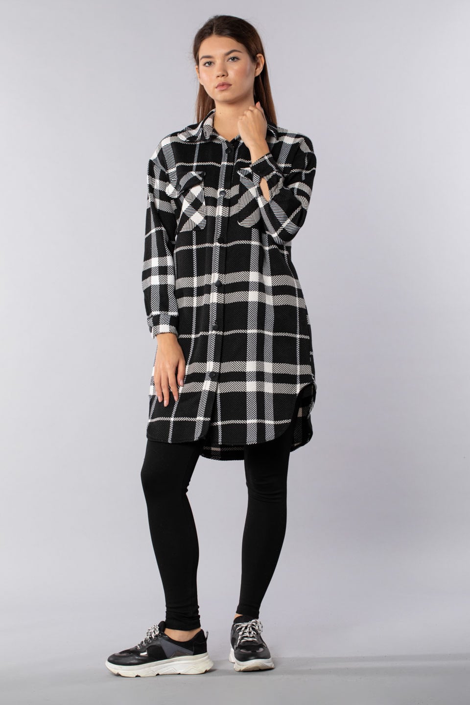 -Çift cepli önden düğmeli tunik gömlek-8007 Siyah