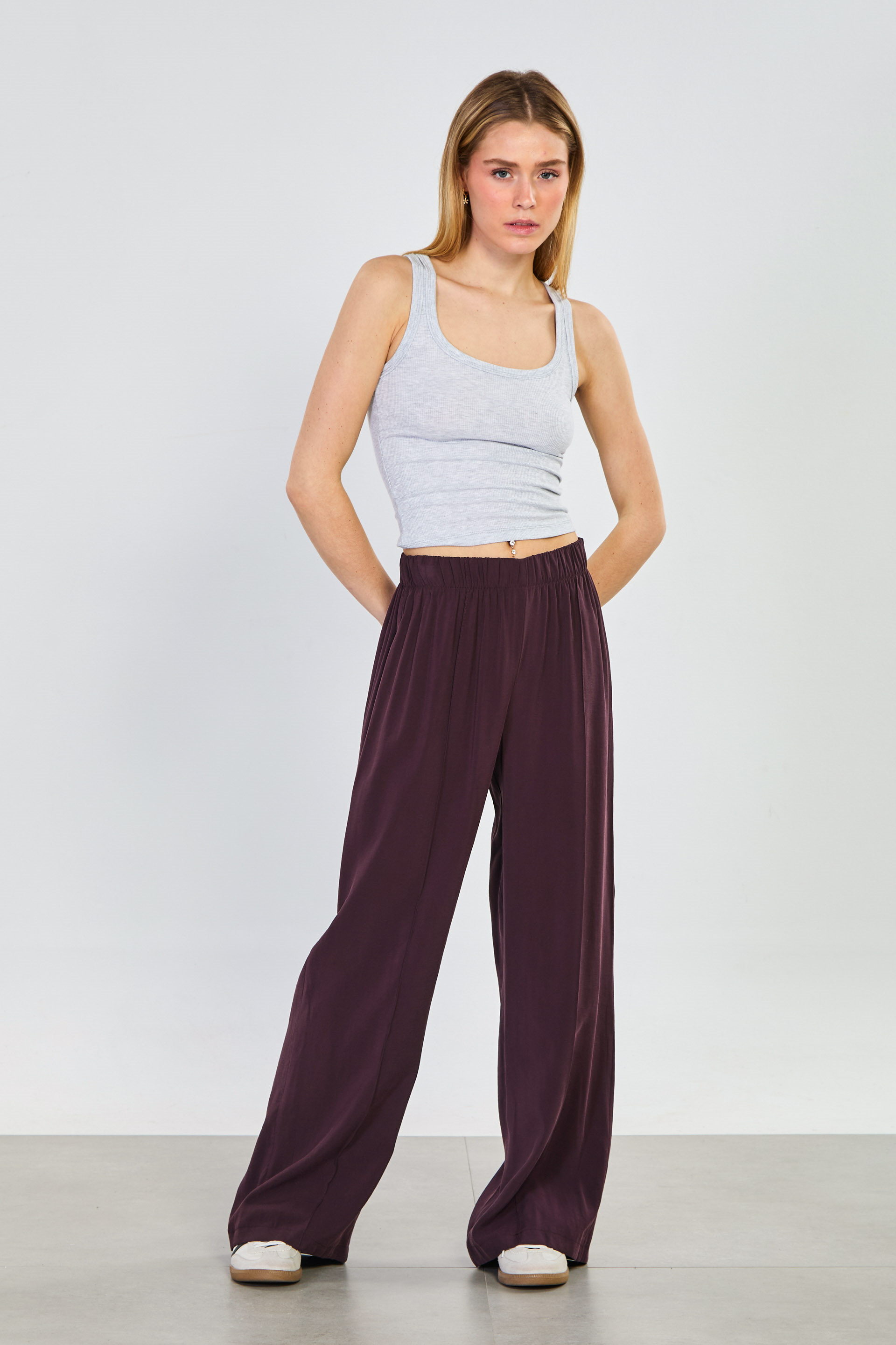 Kadın Önü Çimalı Beli Lastikli Bol Pantolon - Mürdüm