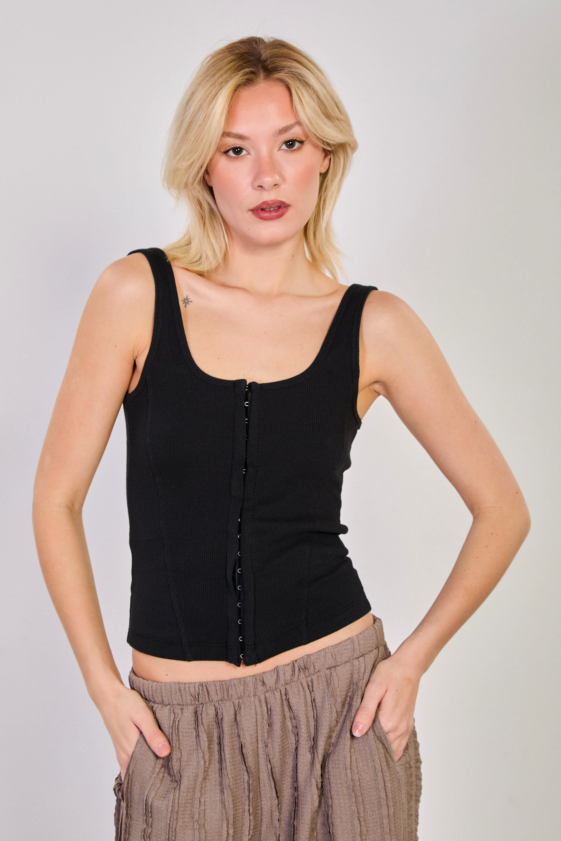 Kadın Kalın Askılı Korseli Body - Siyah