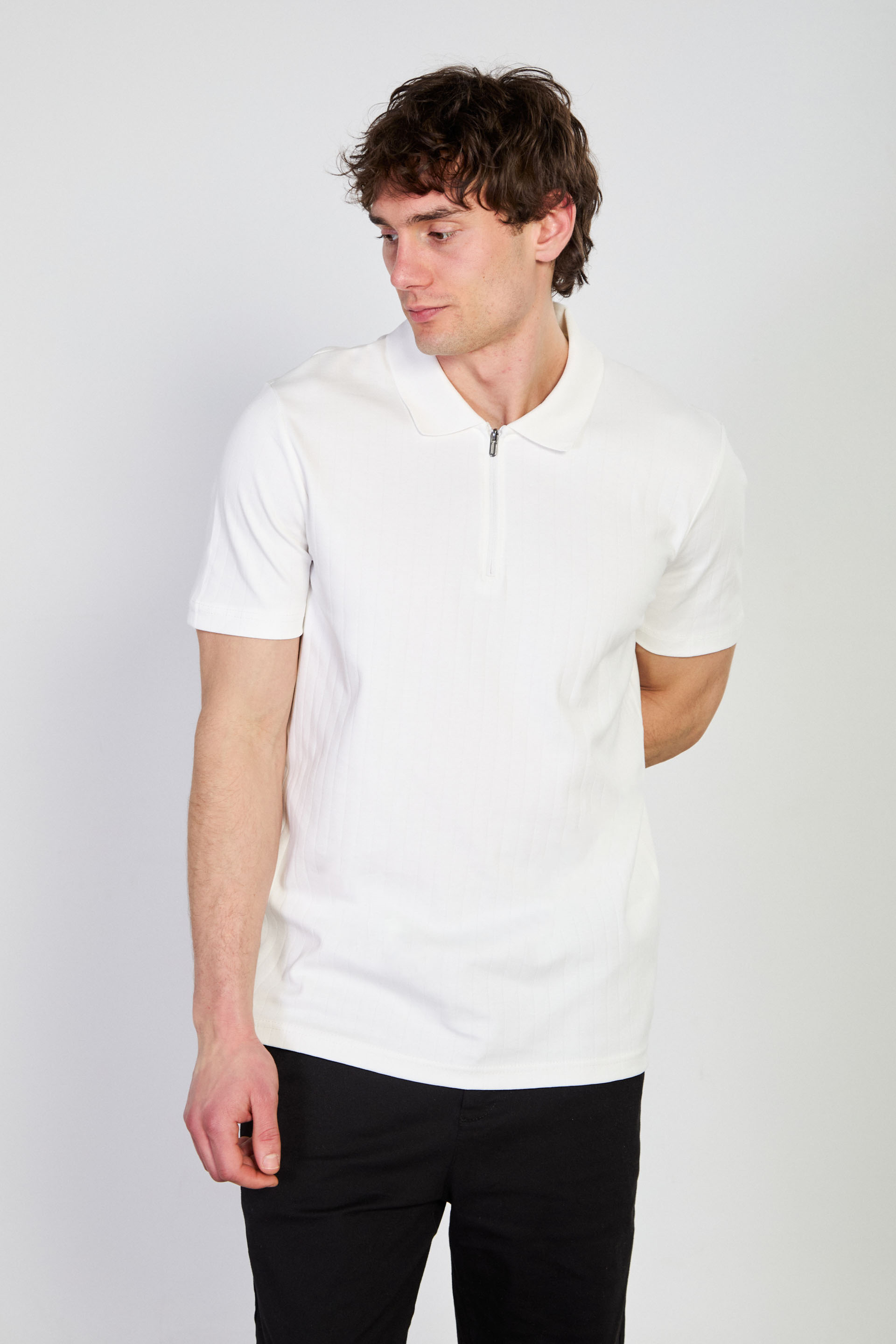 Erkek Kalın Çizgili Polo Yaka T-Shirt - Ekru