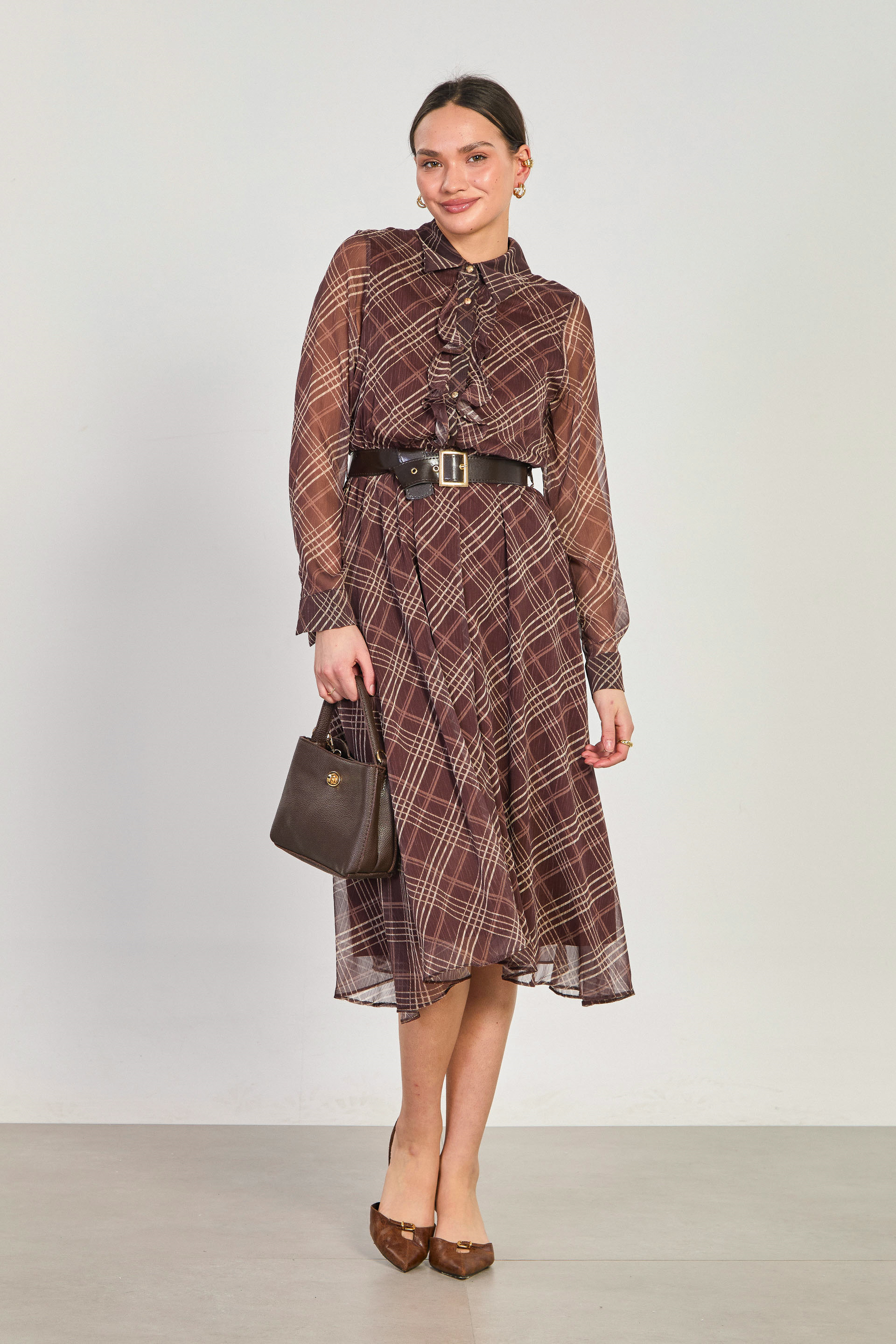 Kadın Ekoseli Beli Kemerli Uzun Şifon Elbise - Kahve