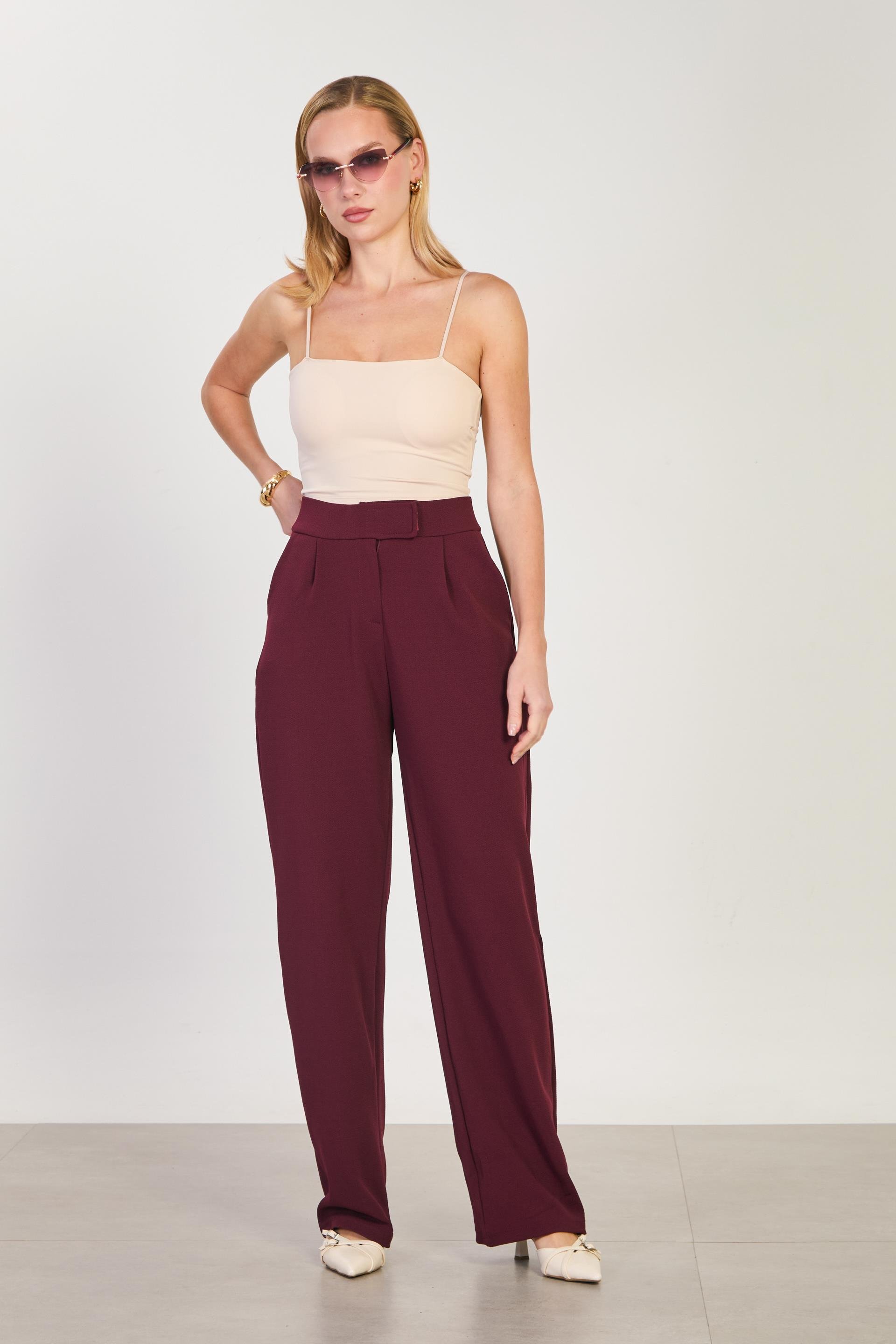 Kadın Beli Cırtlı Bol Pantolon - Bordo