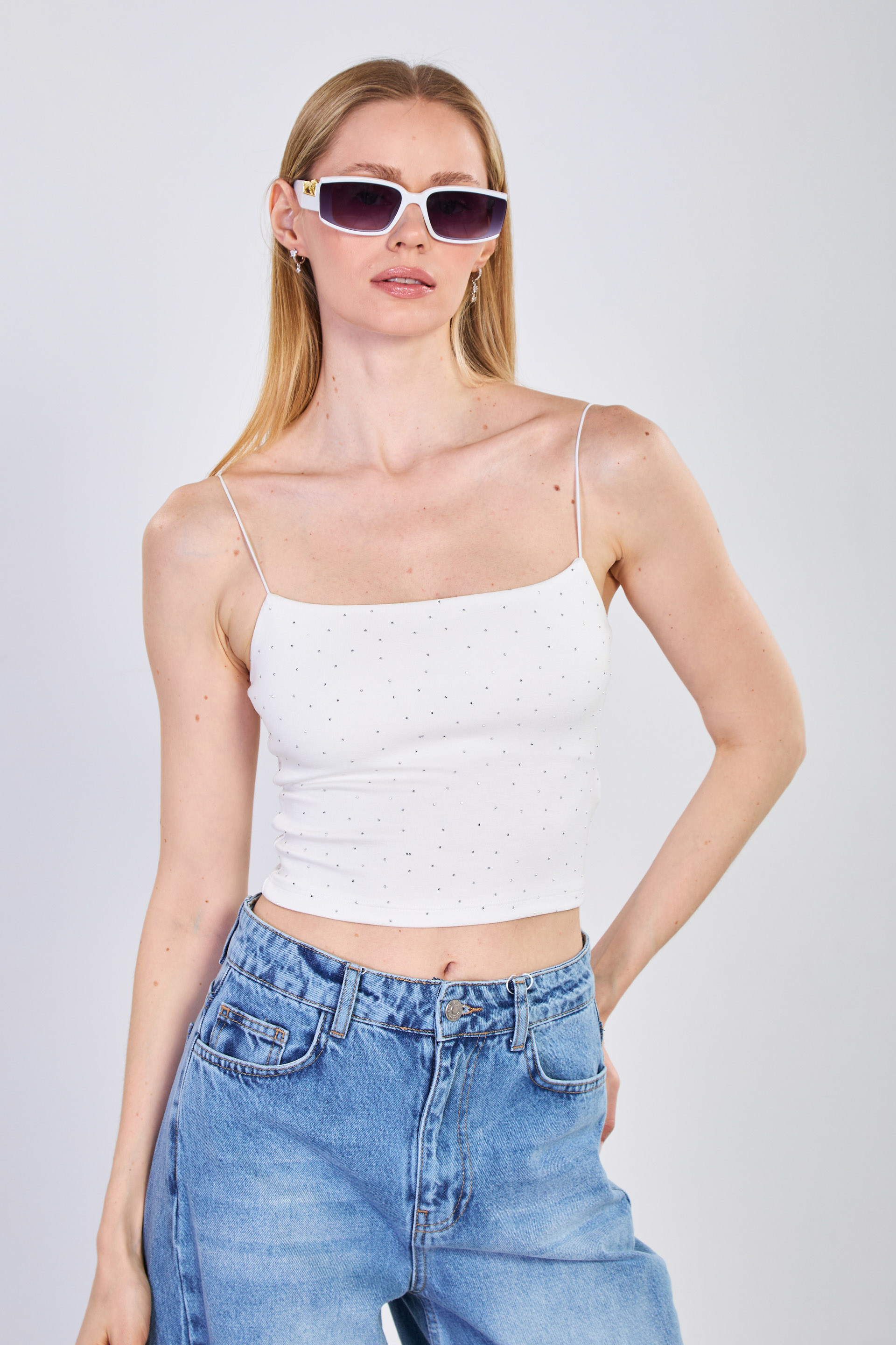 Kadın Taşlı İp Askılı Crop Atlet - Ekru