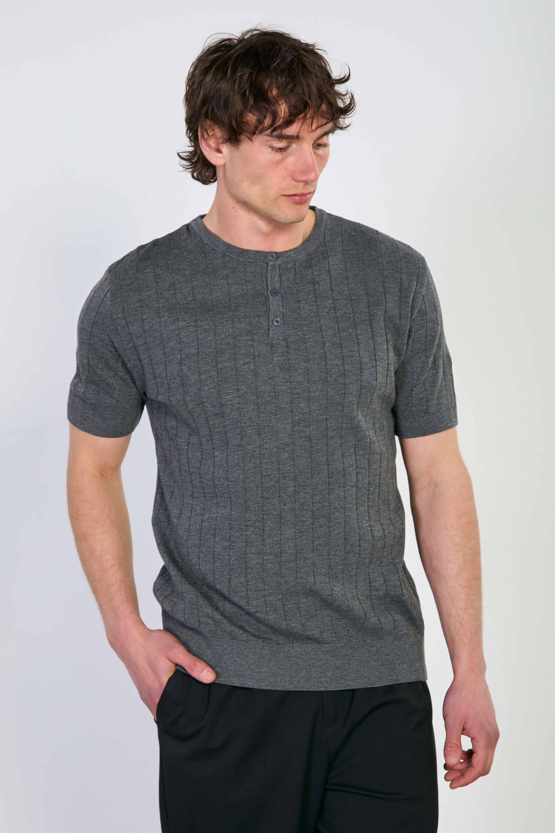 Erkek Bisiklet Yaka Düğmeli Triko T-Shirt - Antrasit