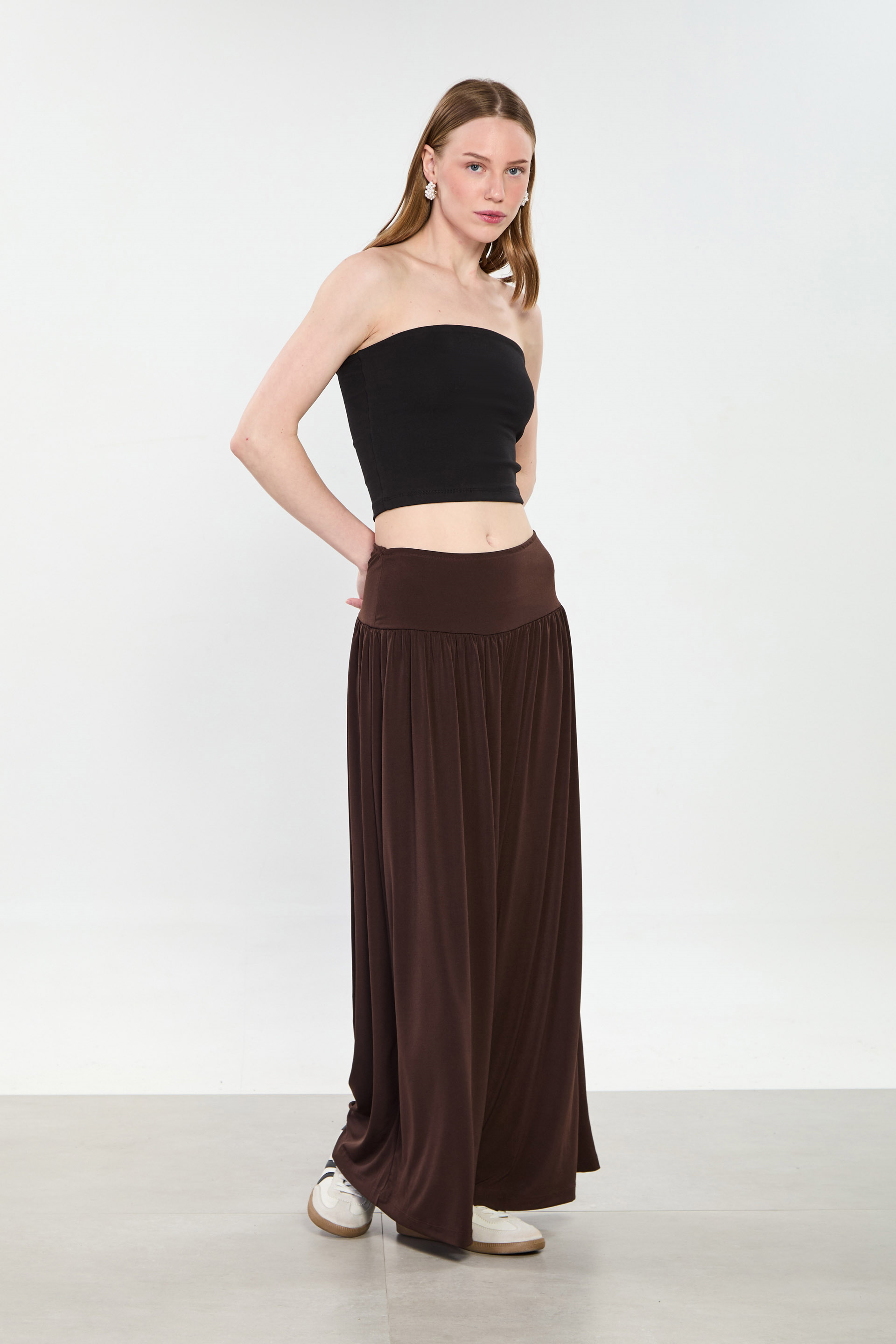 Kadın Pileli Salaş Bol Pantolon - Kahve