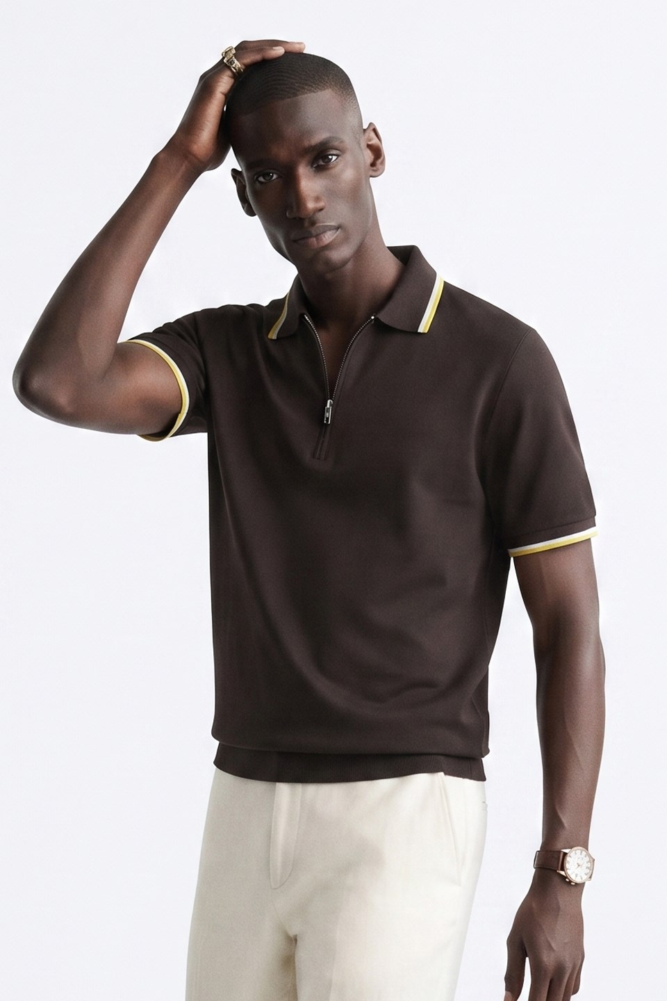Erkek Yarım Fermuarlı Ribana Detay Polo Yaka T-Shirt - Kahve