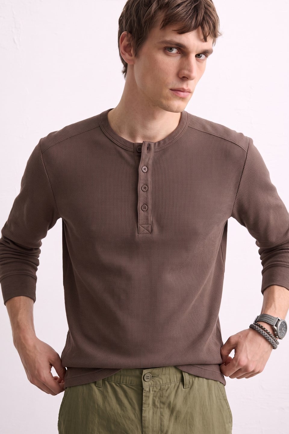 Erkek Yaka Düğmeli Uzun Kollu T-Shirt - Kahve