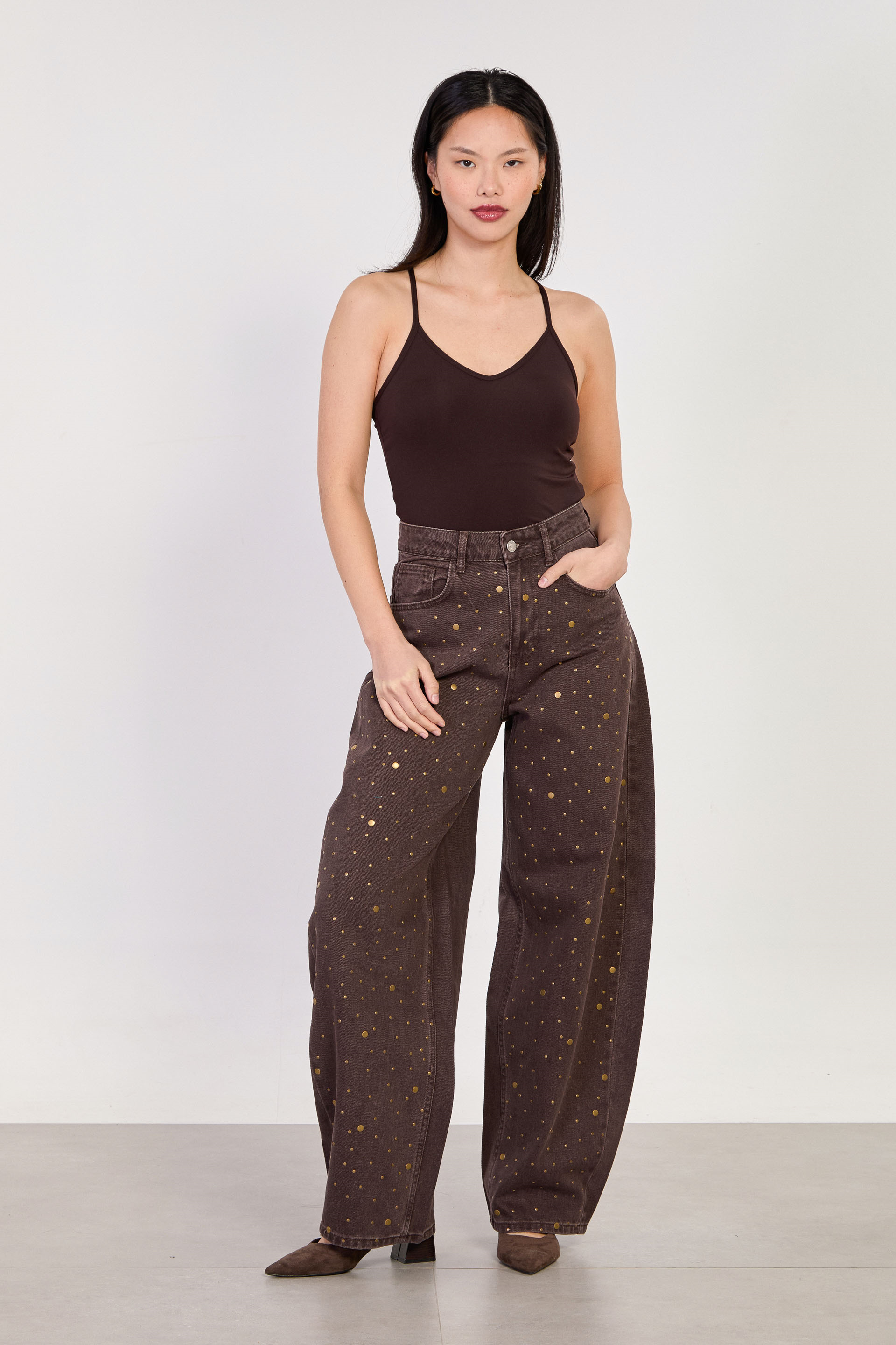 Kadın Zımbalı Balon Jean Pantolon - Kahve