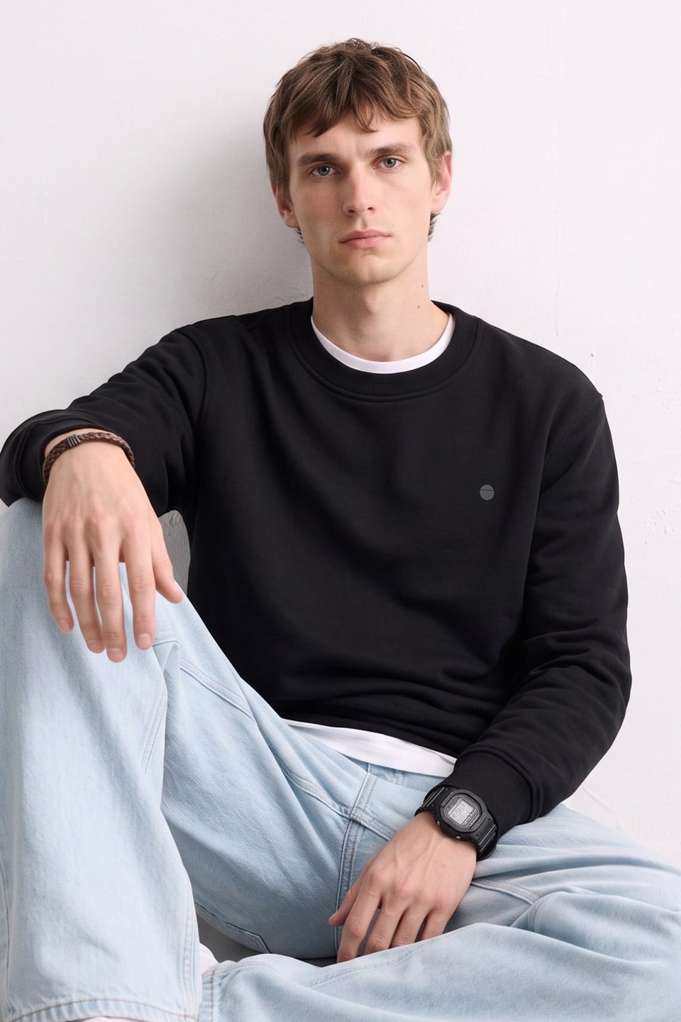 Erkek Göğüs Baskı Detaylı Uzun Kollu Sweatshirt - Siyah