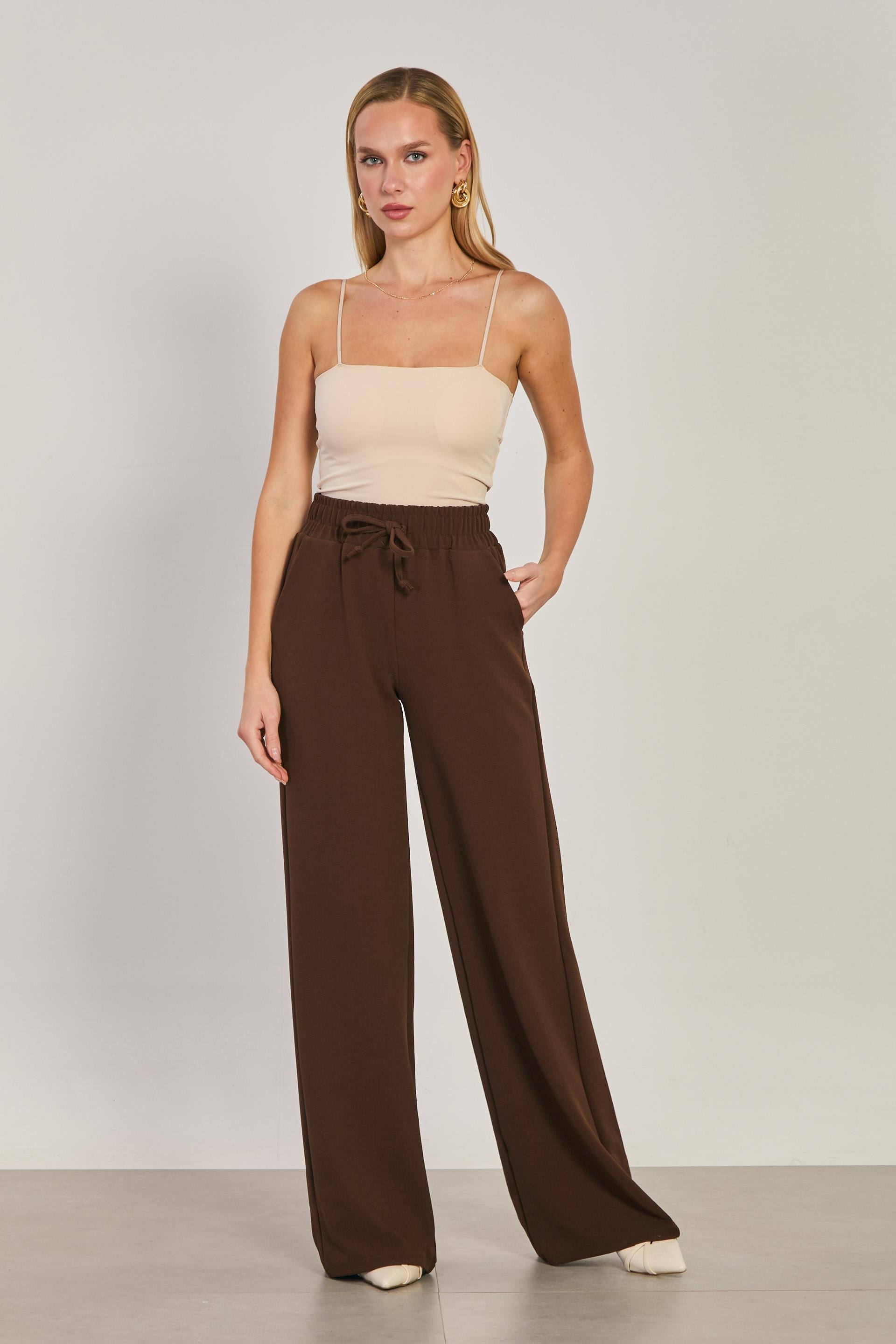 Kadın Beli Lastikli Bol Pantolon - Kahve