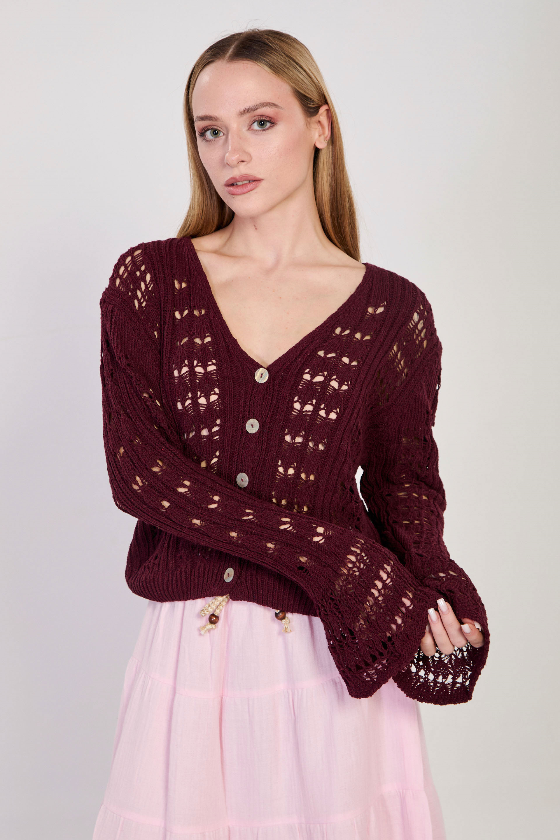 Kadın İspanyol Kol Ajurlu Hırka - Bordo