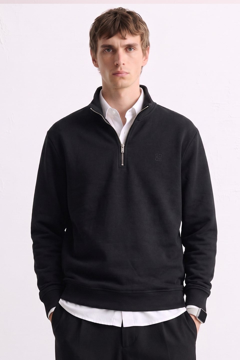 Erkek Yarım Fermuarlı Dik Yaka Selanik Sweatshirt - Siyah