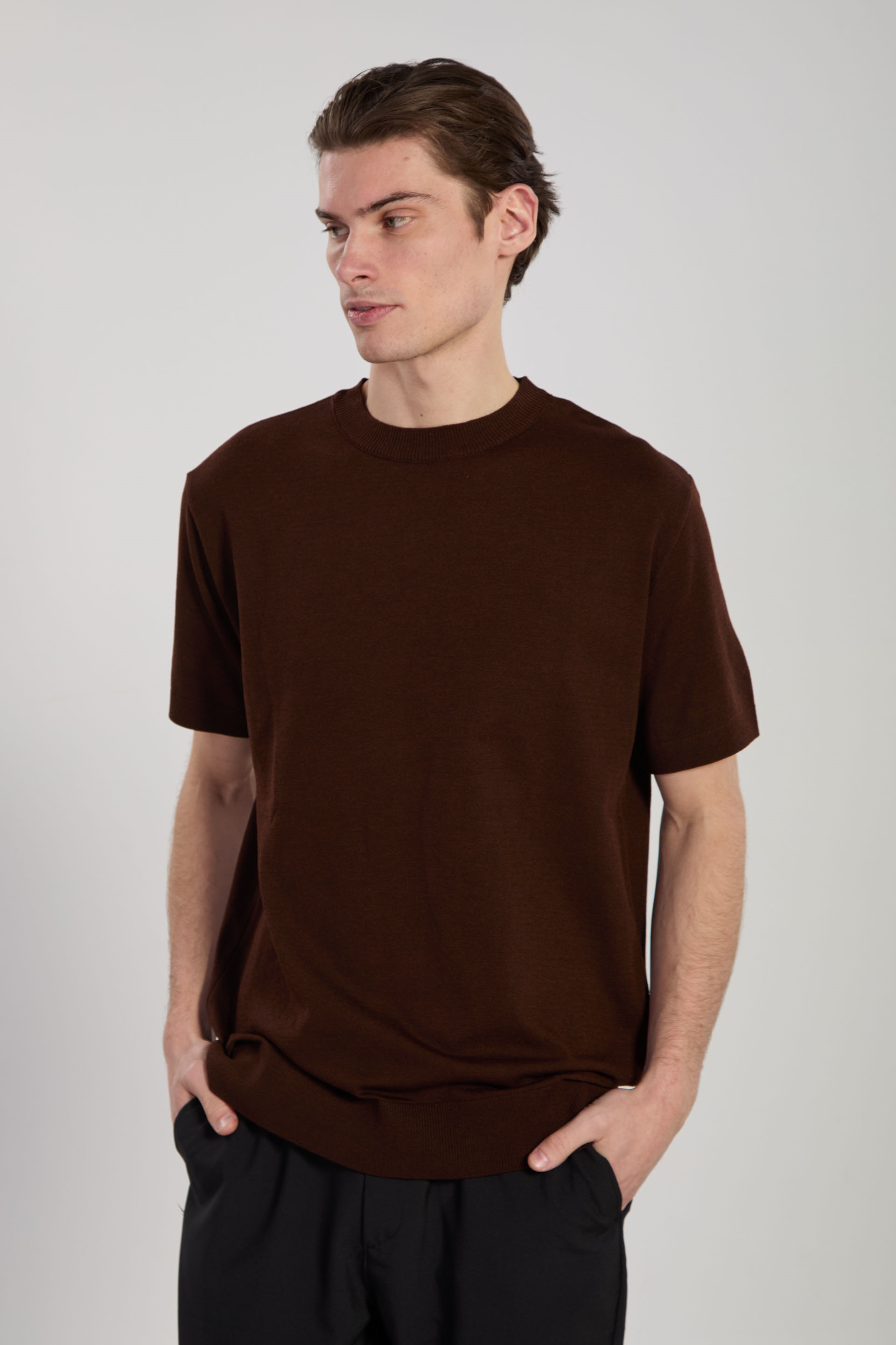 Erkek Dik Yaka Triko T-Shirt - Kahve