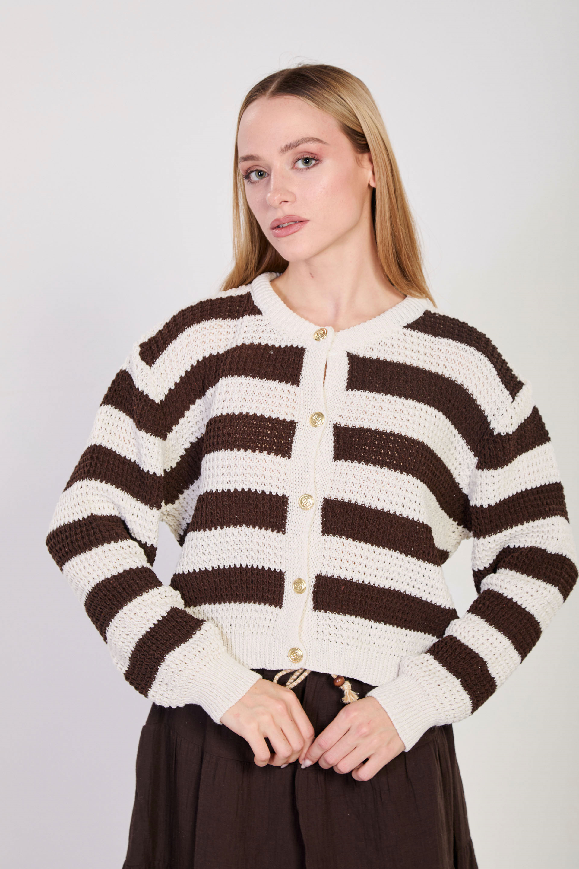 Kadın Çizgili Düğmeli Ajurlu Hırka - Ekru/Kahve