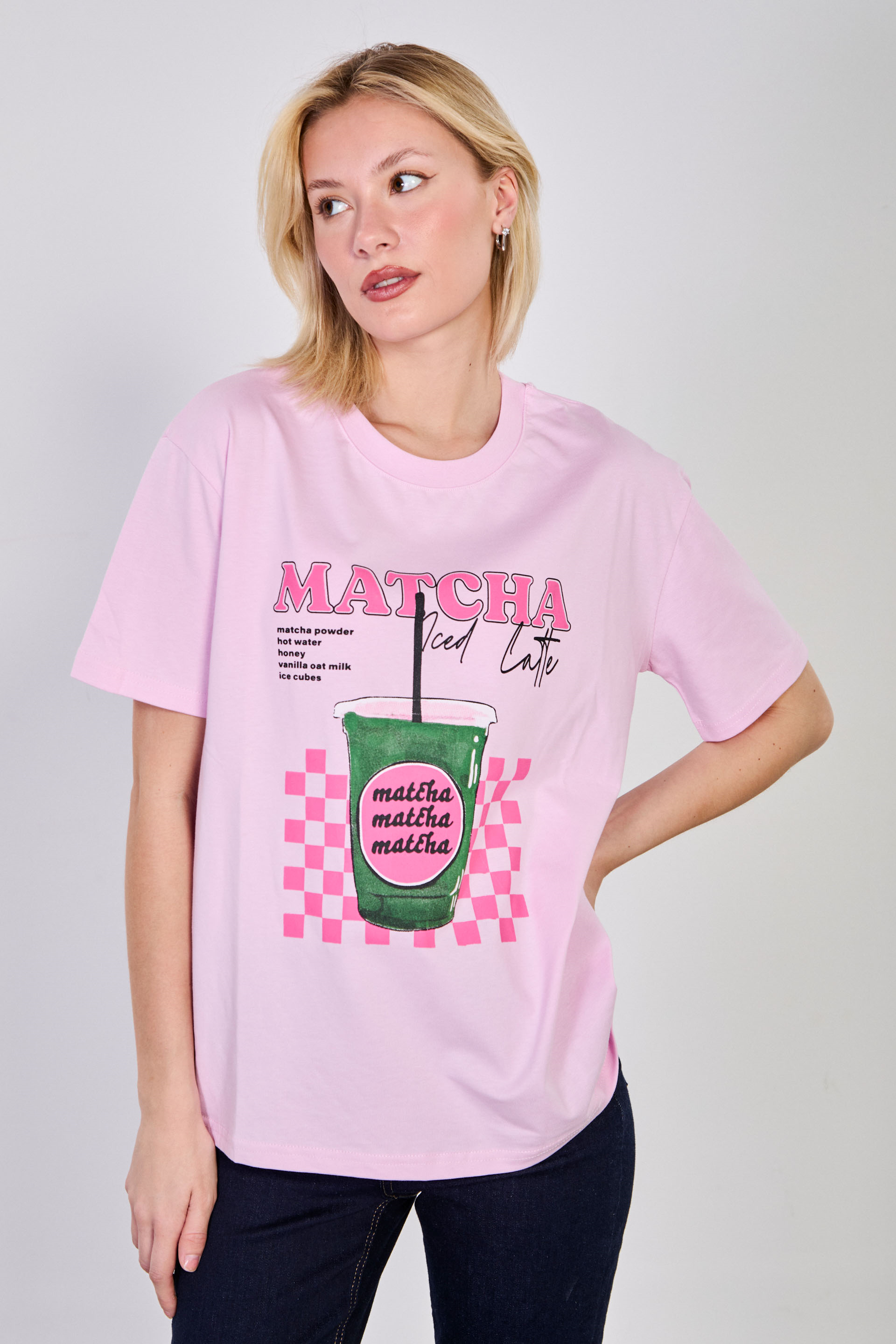 Kadın Matcha Latte Baskılı T-Shirt - Açık Pembe