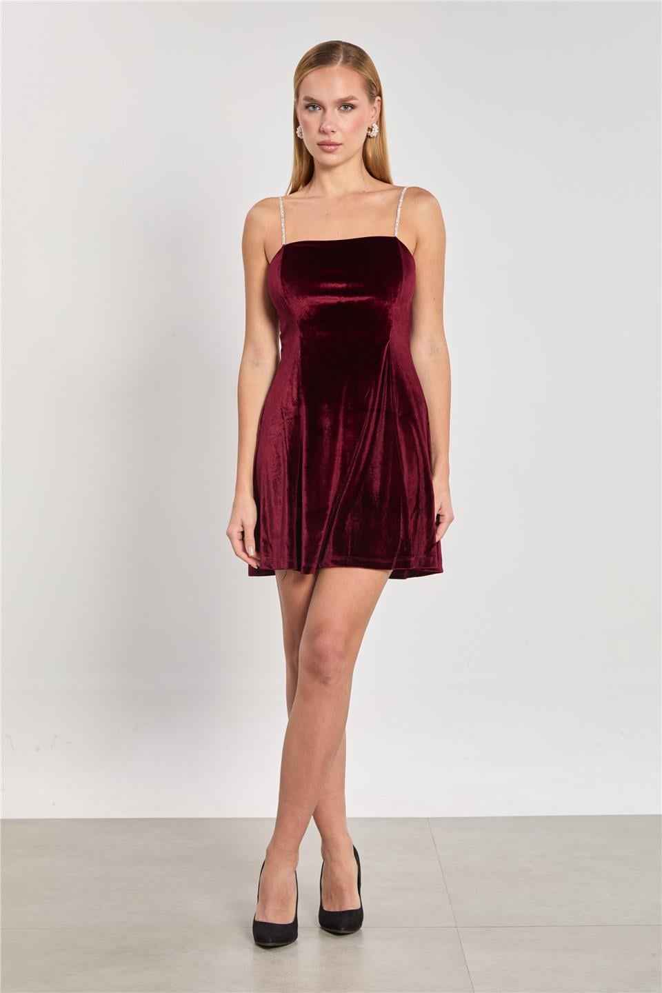 Kadın Taş Askılı Mini Kadife Elbise - Bordo
