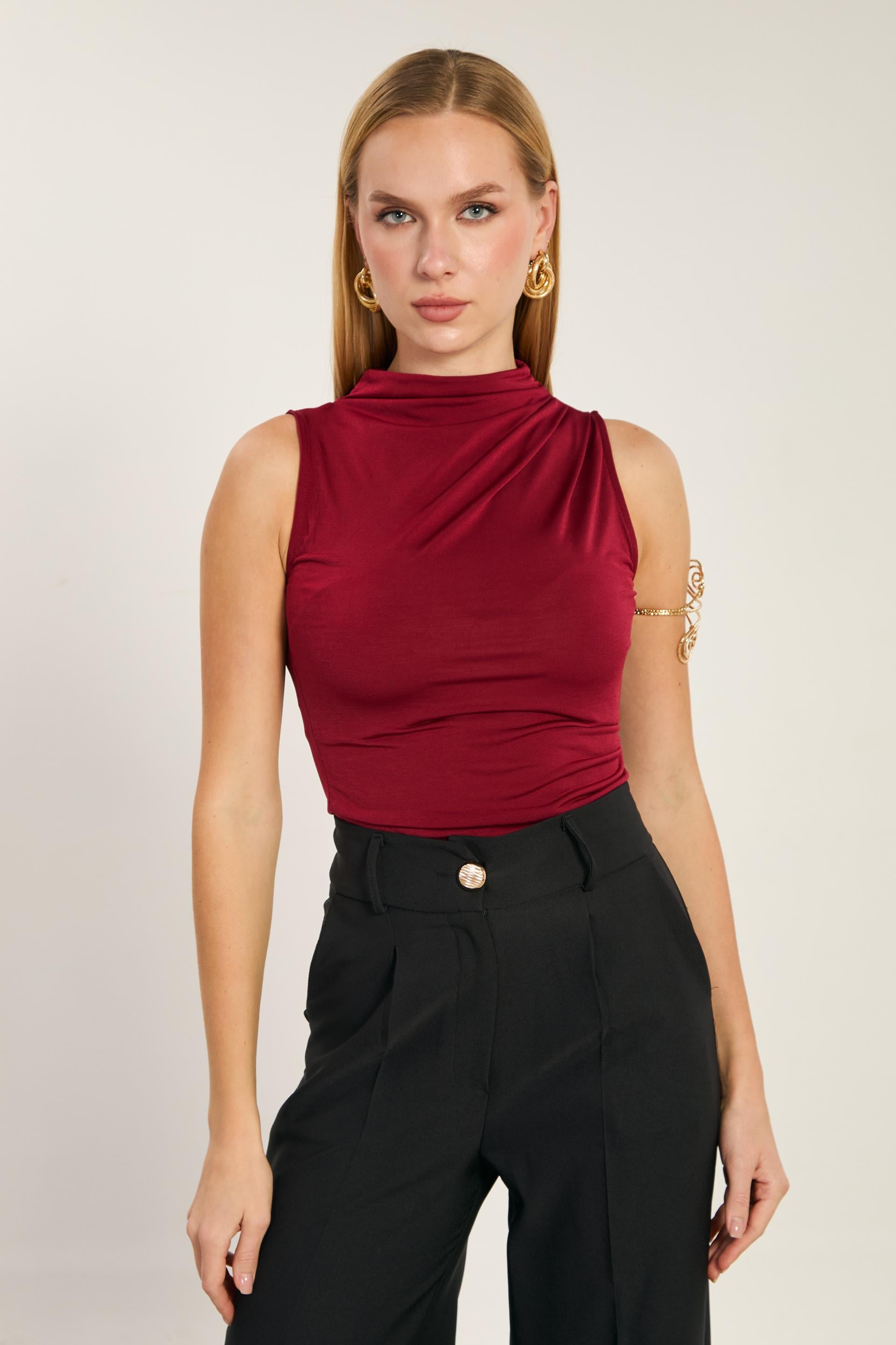 Kadın Degaje Yaka Kolsuz Bluz - Bordo