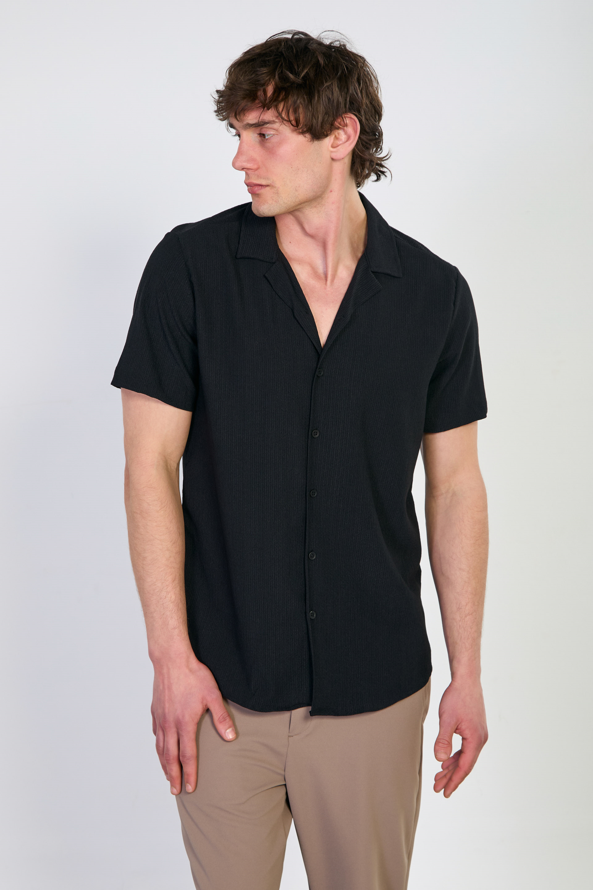 Apaş yaka bürümcük gömlek-9073 Siyah