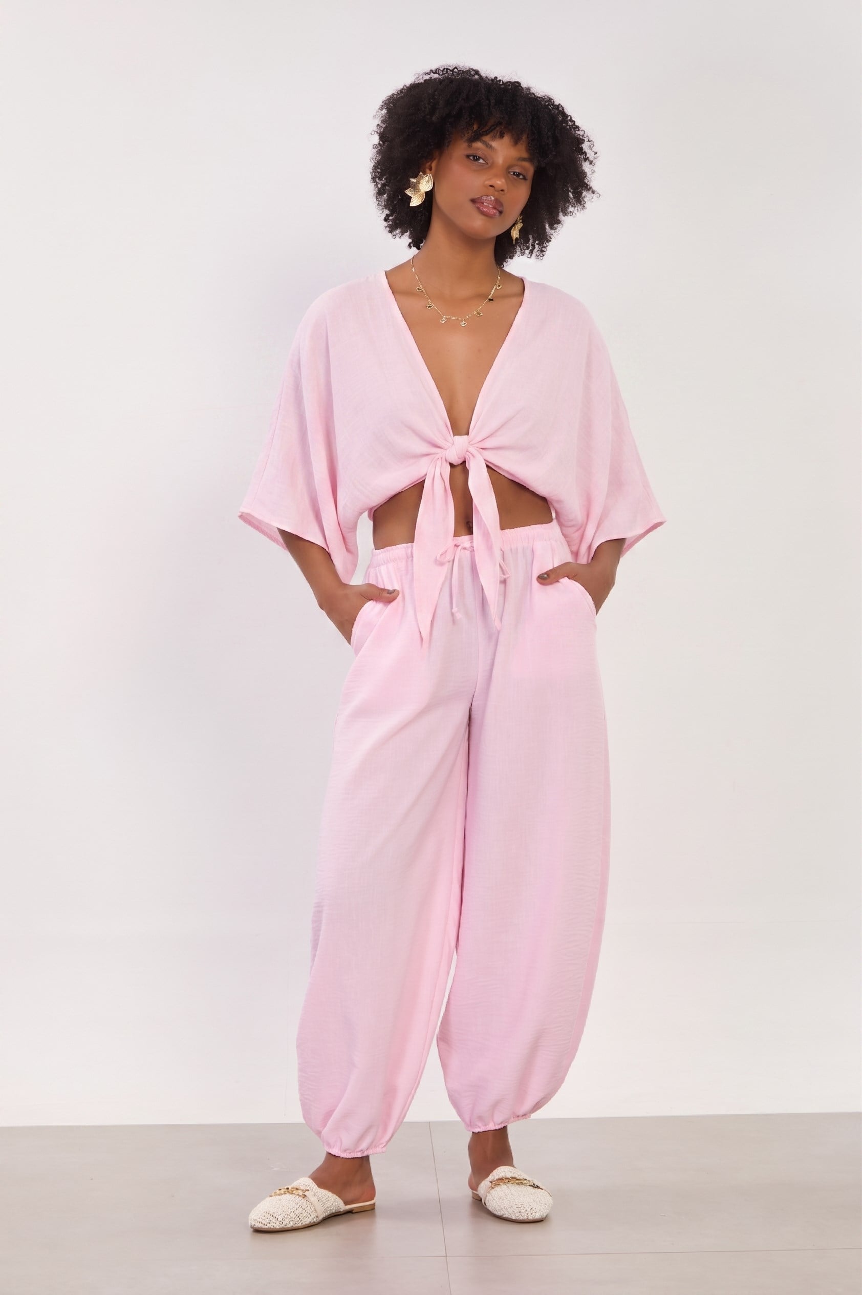 Kadın Önü Bağlamalı Crop Bluz - Pembe