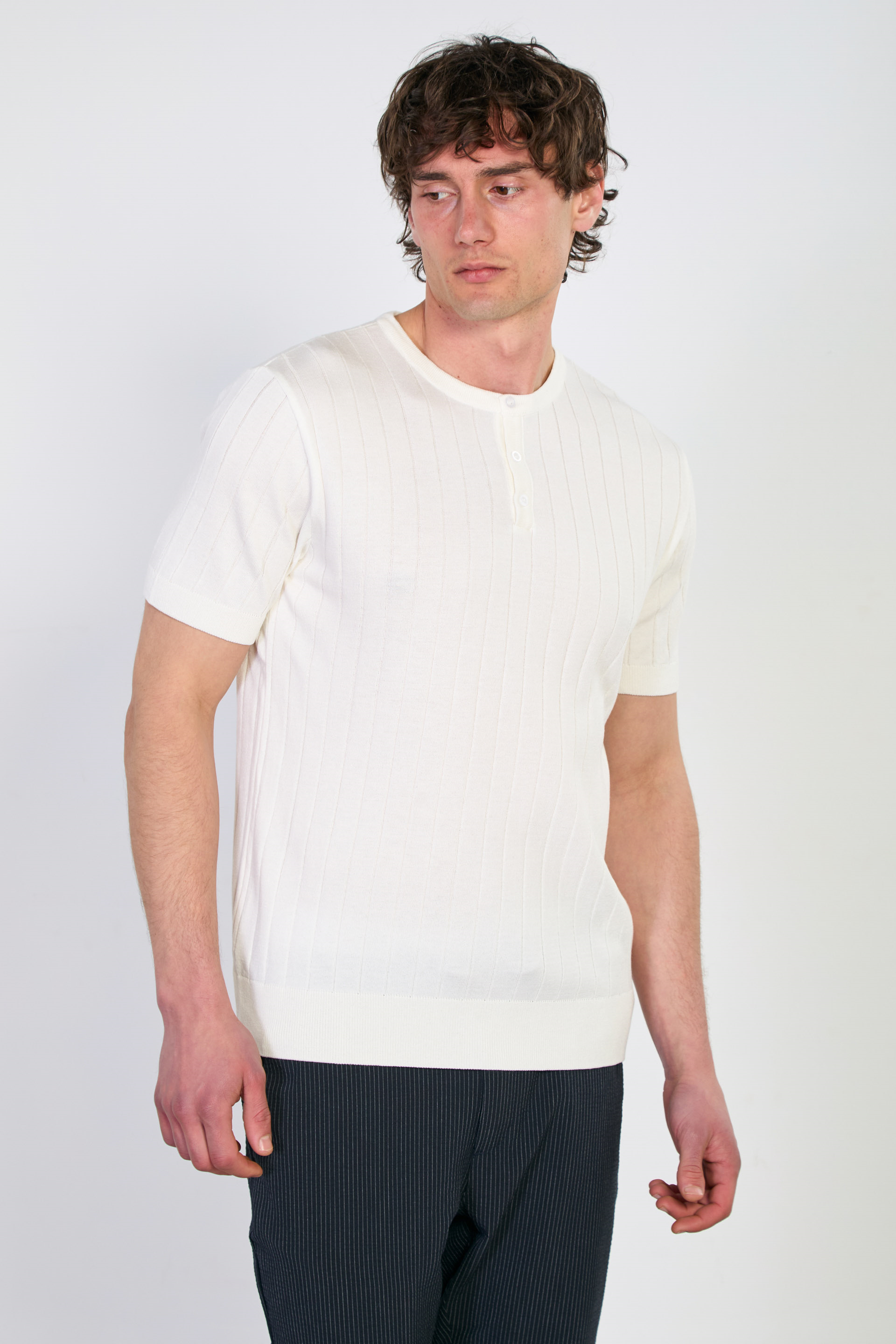 Erkek Bisiklet Yaka Düğmeli Triko T-Shirt - Ekru