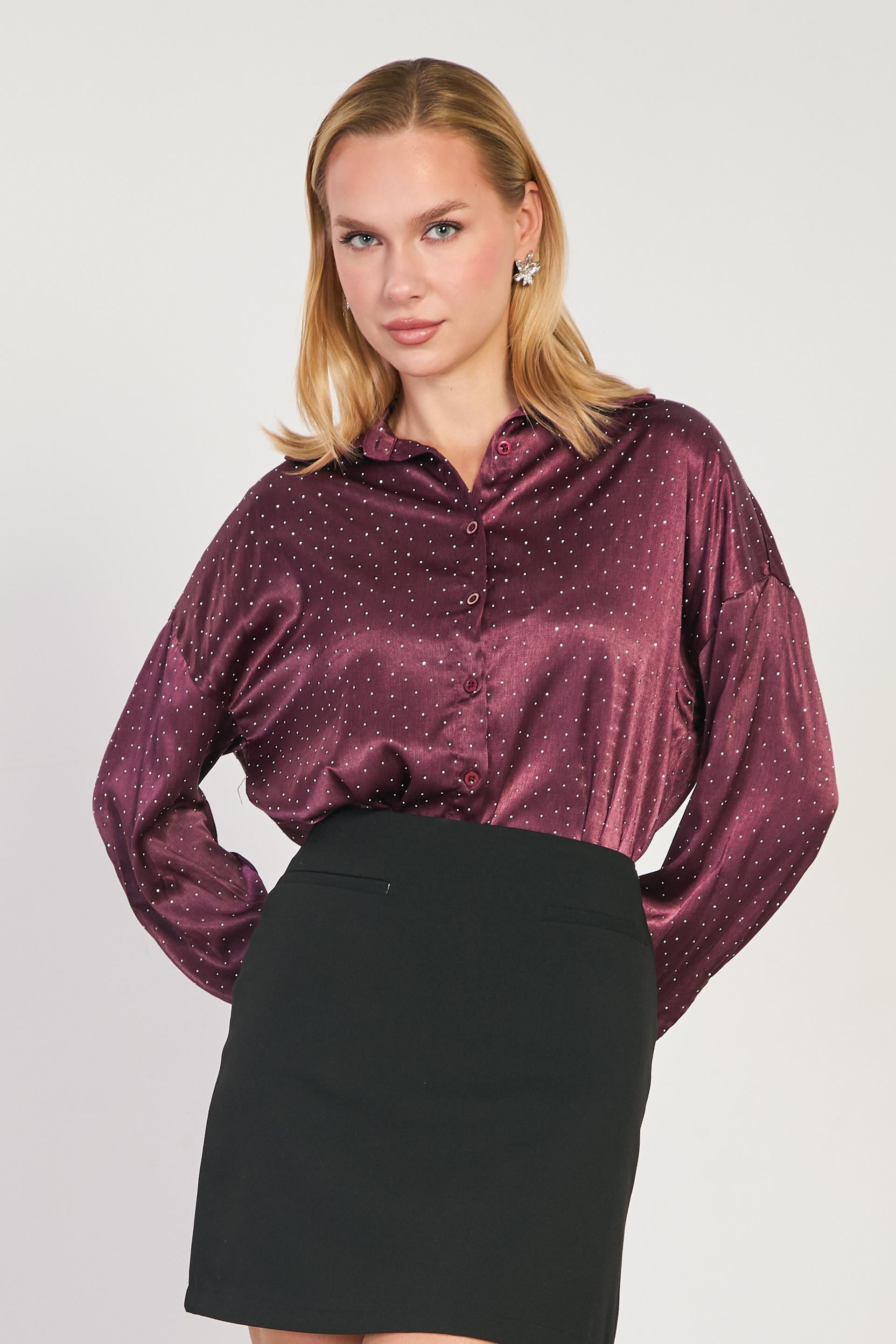 Kadın Taşlı Saten Uzun Kol Gömlek - Mürdüm