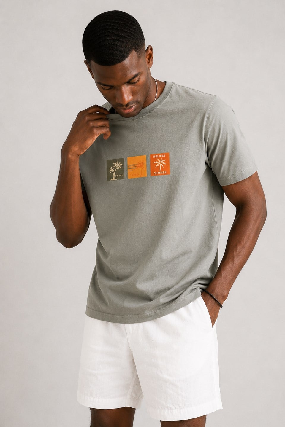 Erkek Summer Baskılı T-Shirt - Açık Gri