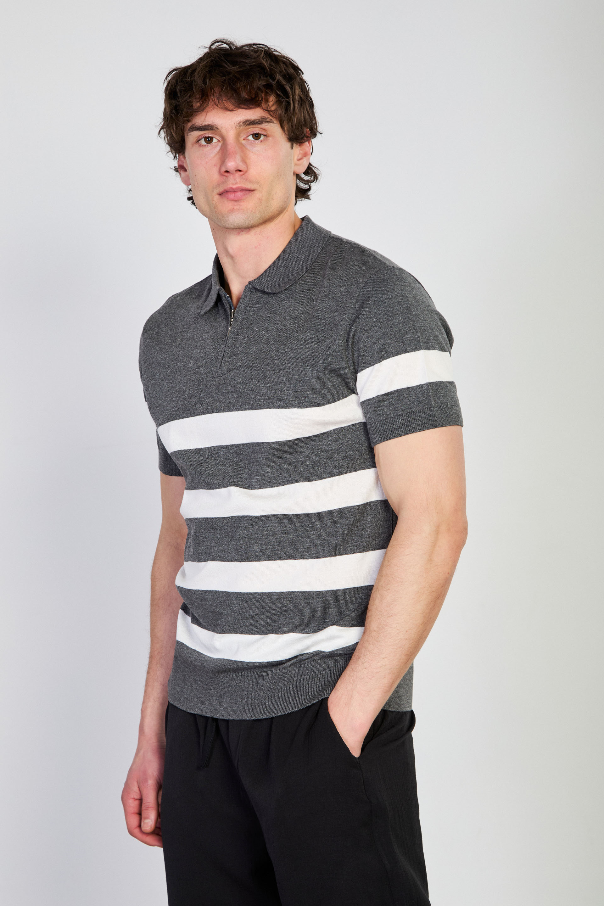 Erkek Yarım Fermuarlı Çizgili Polo Yaka T-Shirt - Antrasit