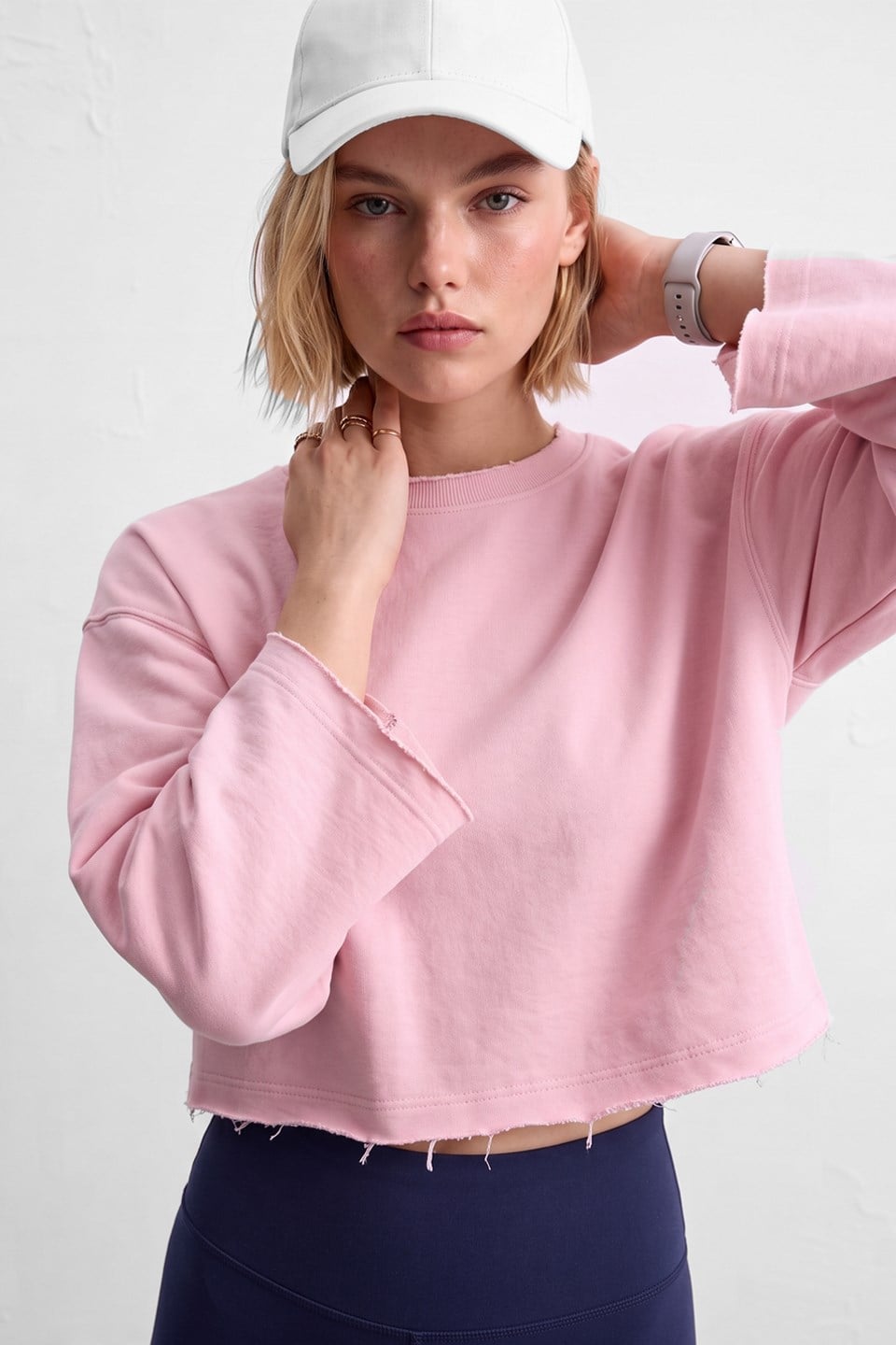Kadın Bisiklet Yaka Oversize Kısa Swaetshirt - Toz Pembe