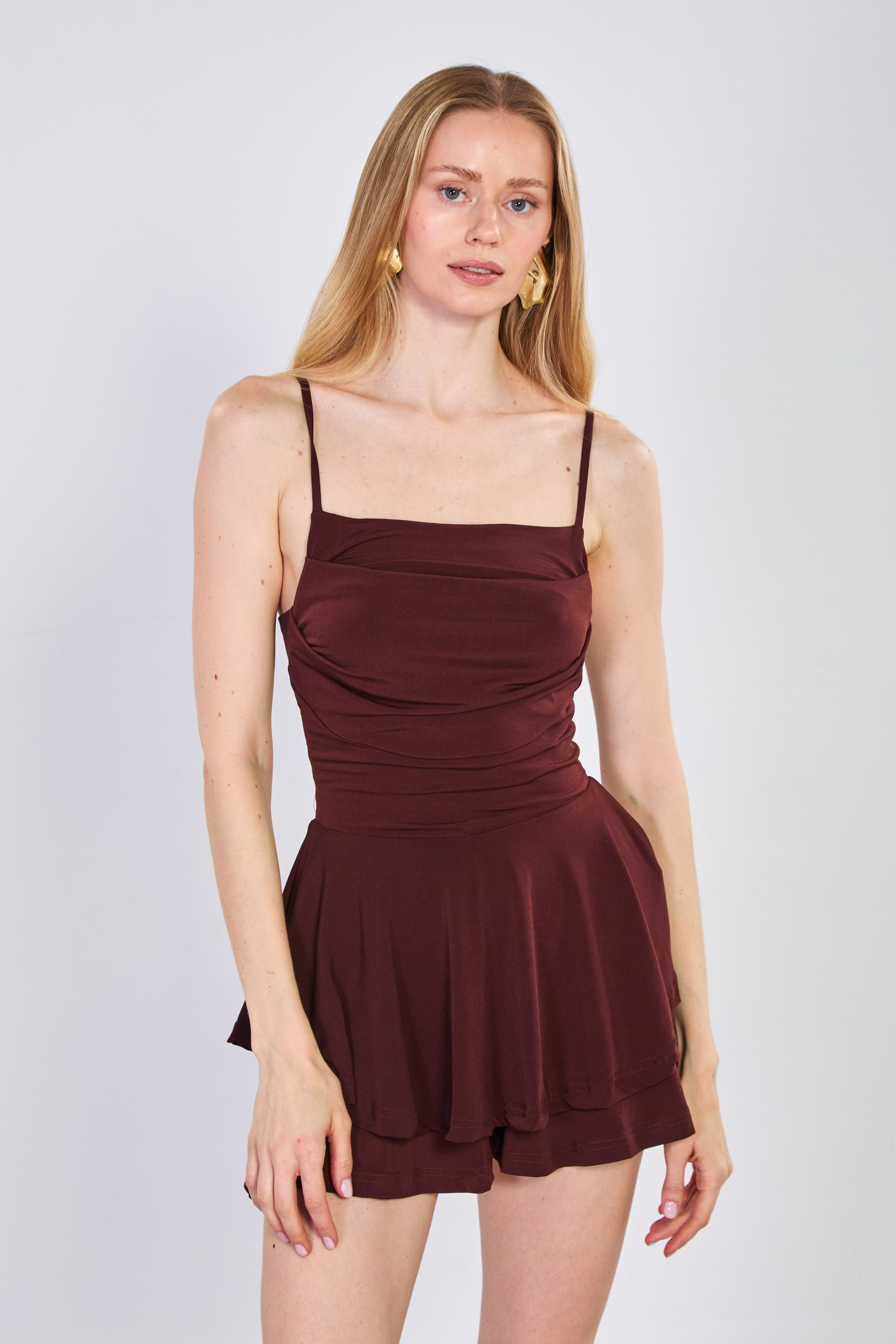 Kadın İp Askılı Şortlu Elbise - Acı Kahve