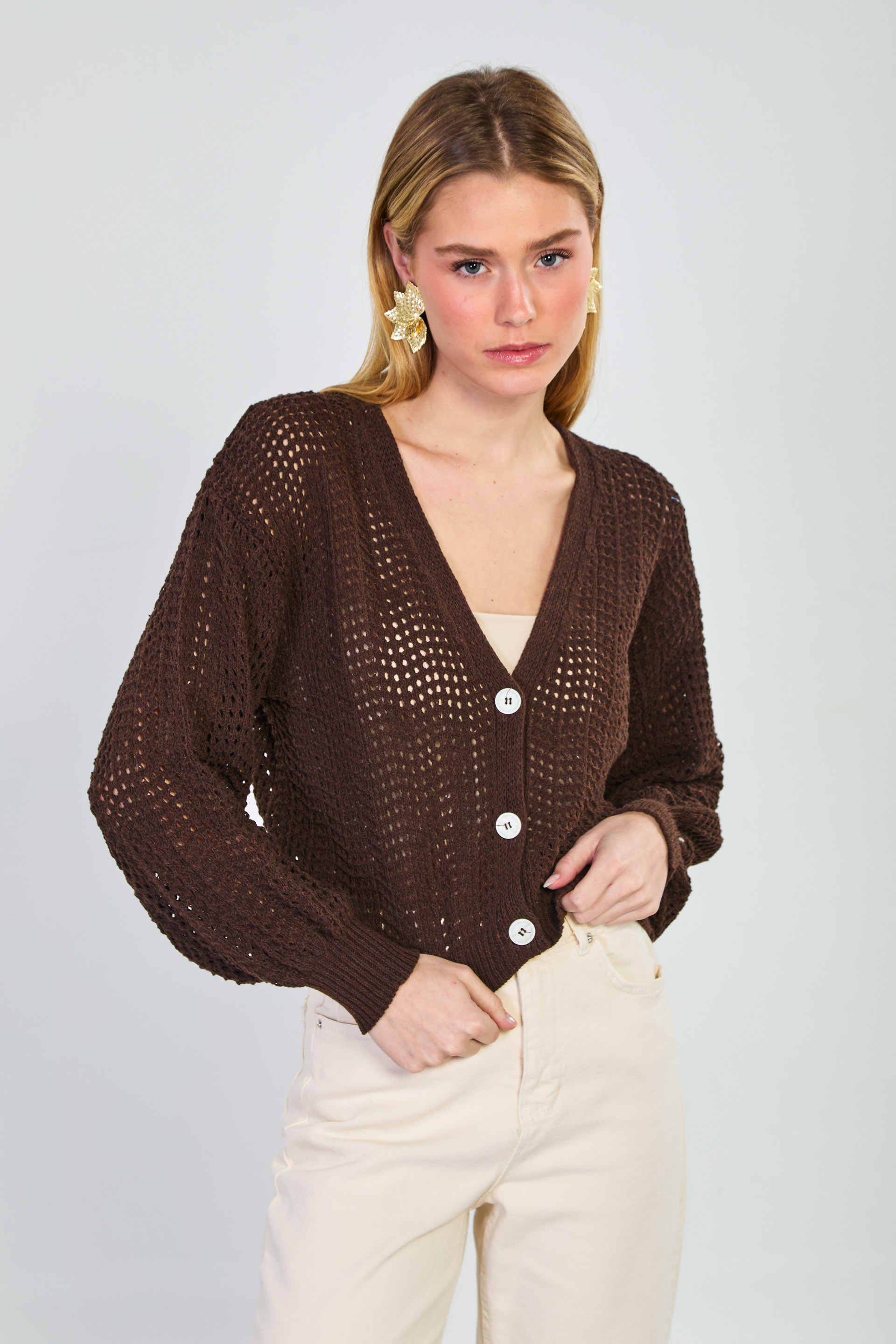 Kadın 3 Düğmeli Ajurlu Hırka - Acı Kahve