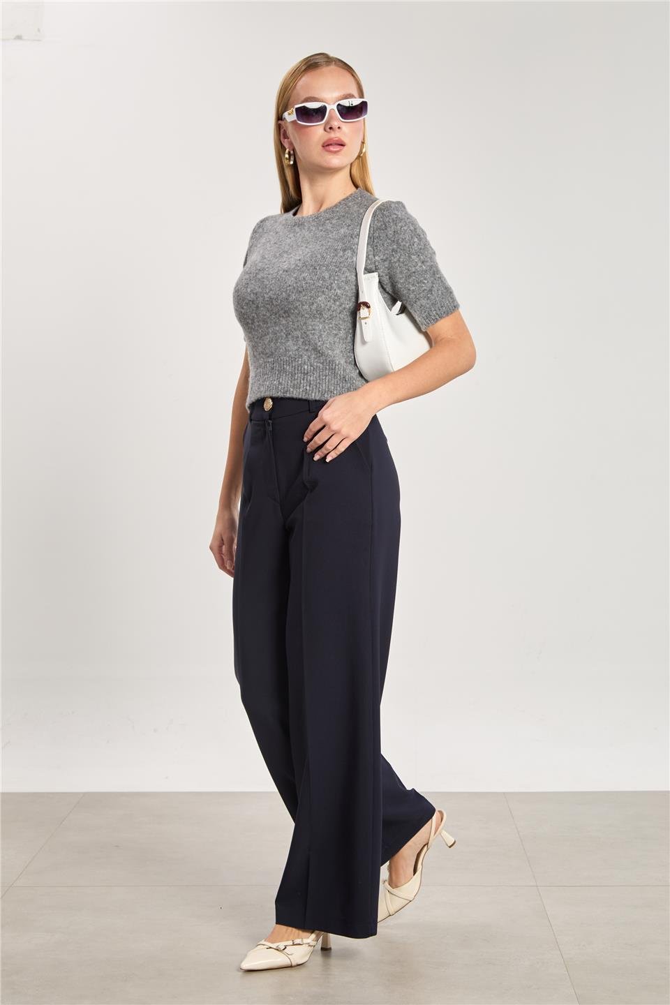 Kadın Önü Pileli Palazzo Kumaş Pantolon - Lacivert