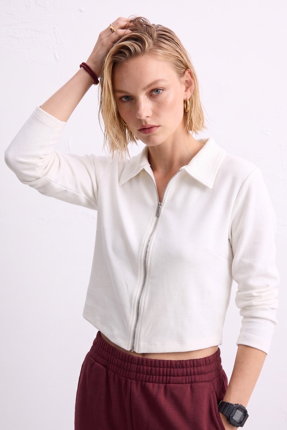 Kadın Polo Yaka Fermuarlı Sweatshirt - Ekru