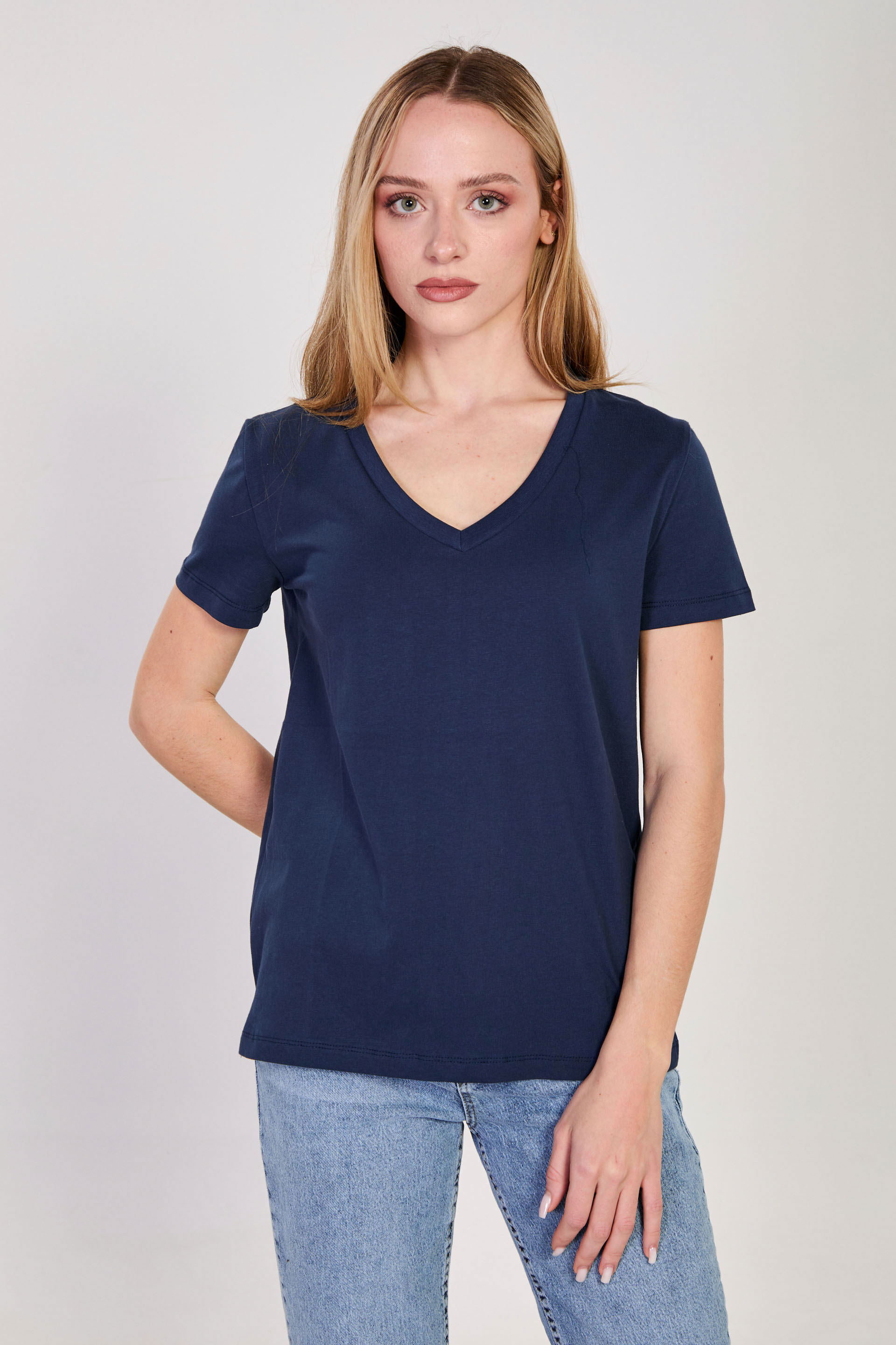 Kadın V Yaka Basic T-Shirt - Lacivert