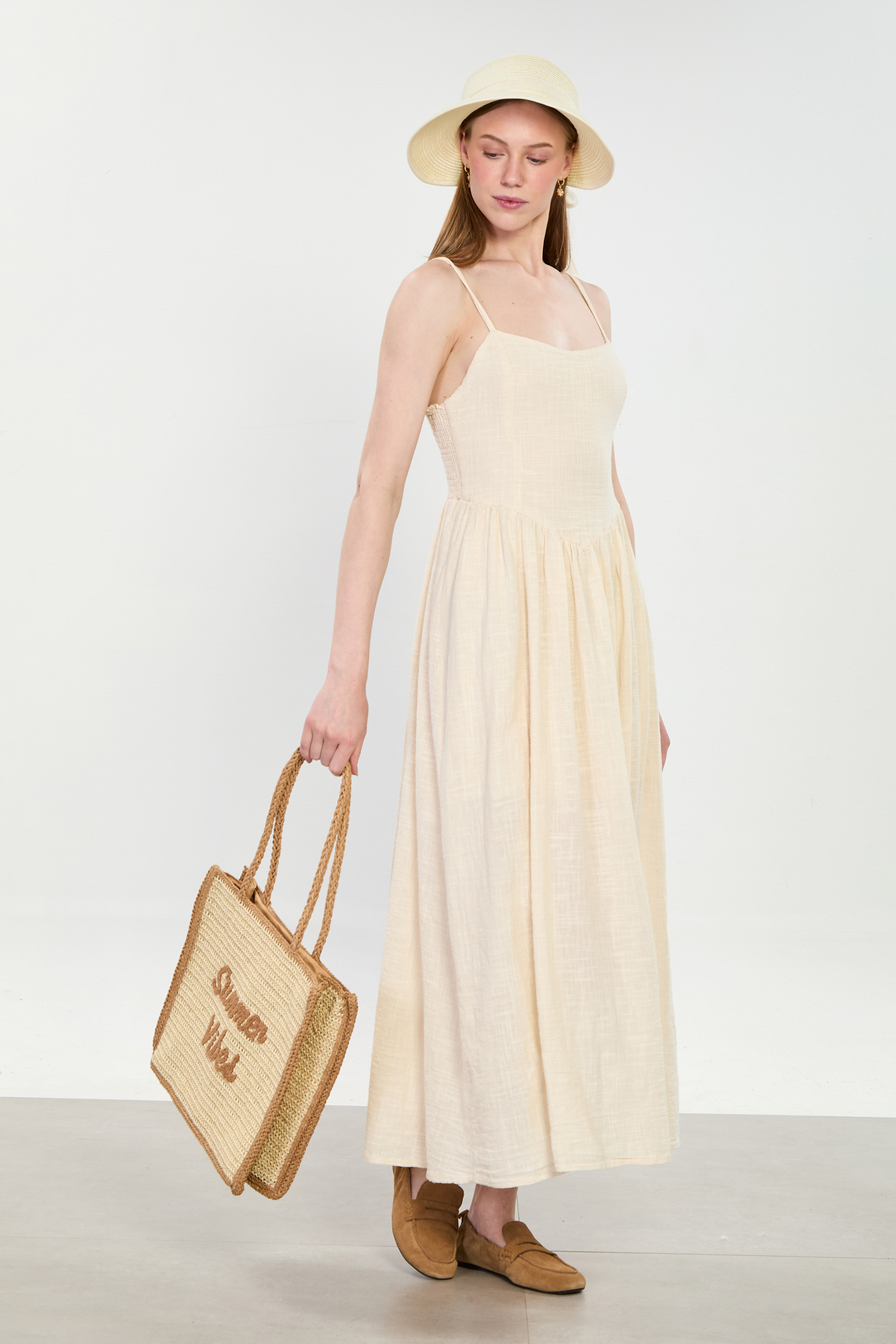 Kadın İp Askılı Pileli Uzun Elbise - Natural 