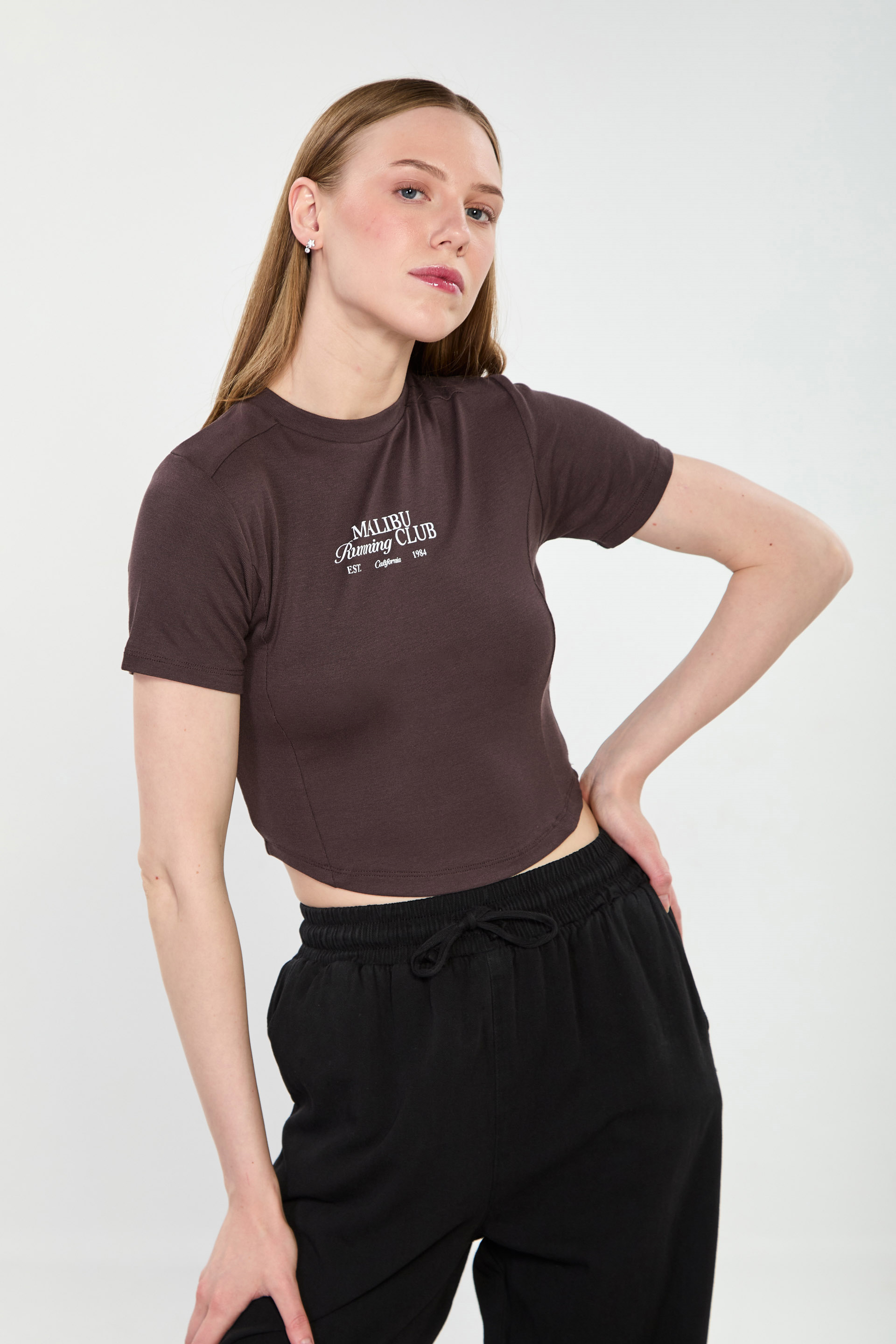 Kadın Malibu Baskılı Crop Body - Acı Kahve