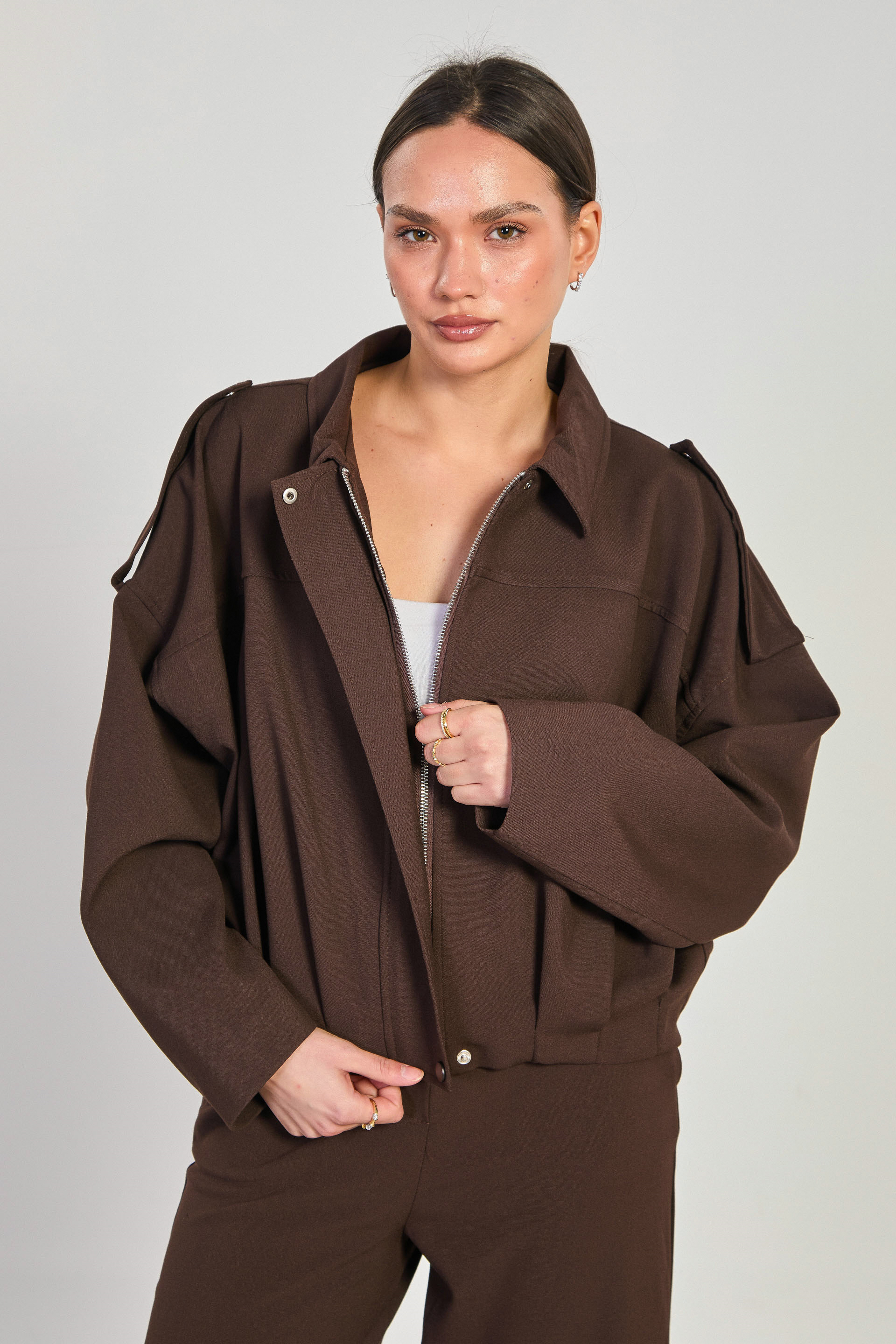 Kadın Omzu Apolet Detaylı Oversize Ceket - Acı Kahve