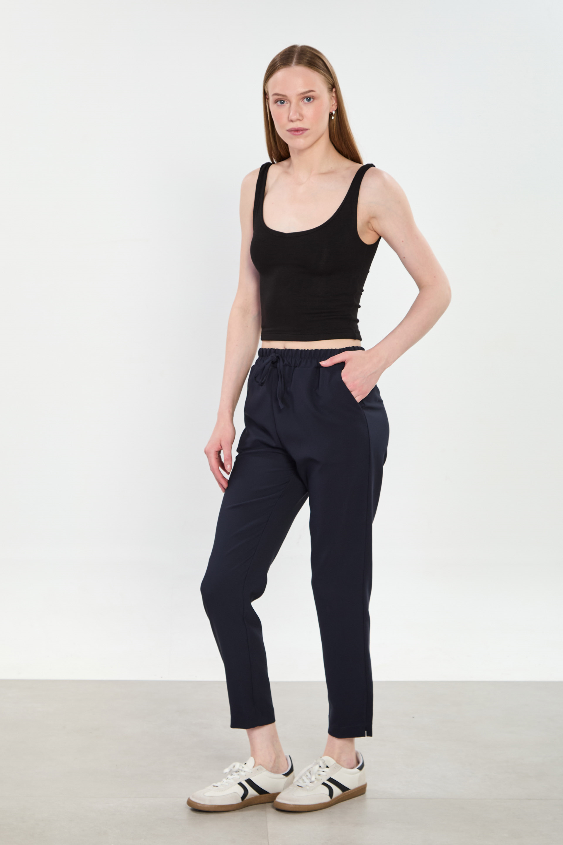 Kadın Beli Lastikli Bağcıklı Pantolon - Lacivert