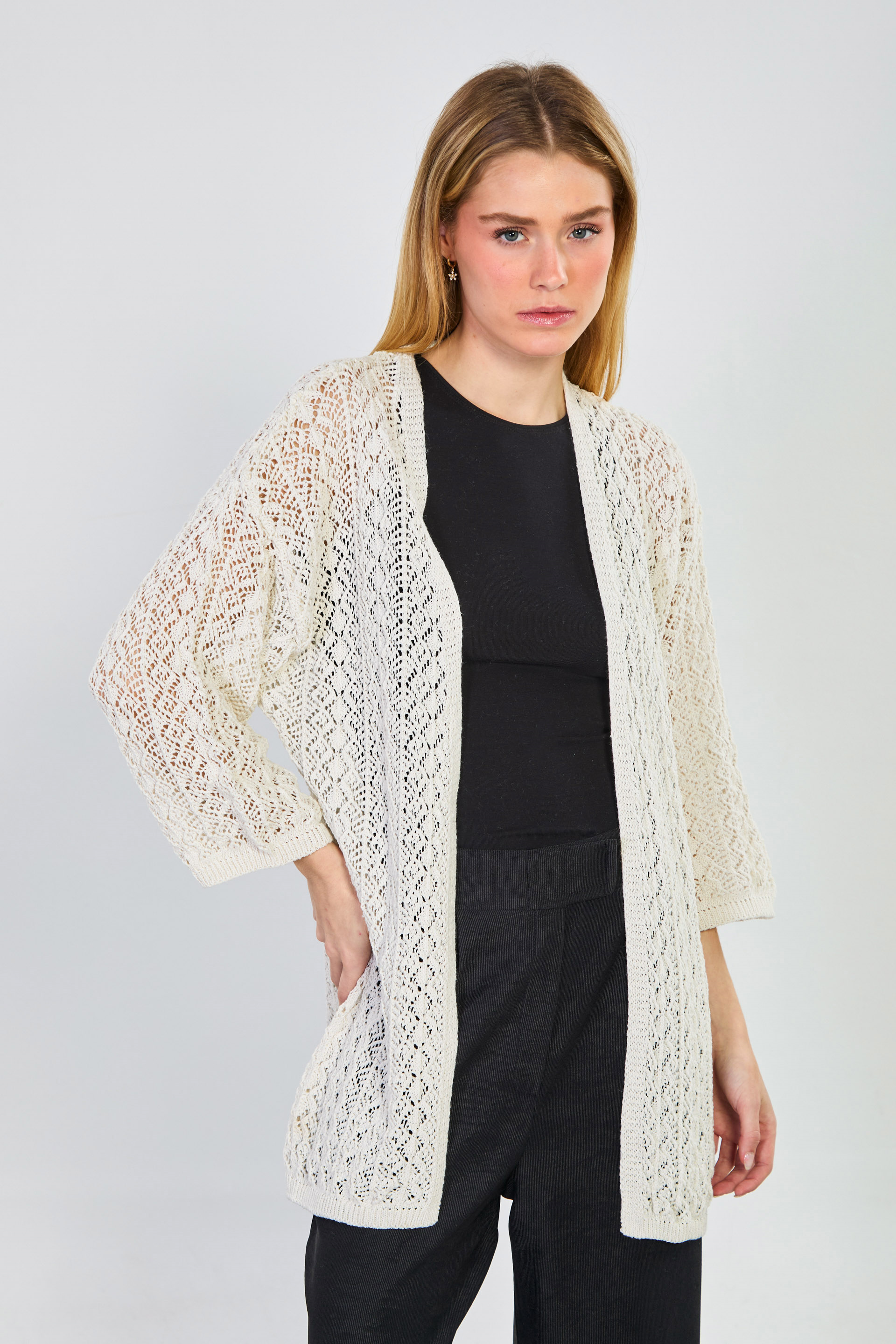 Kadın Dirsek Kol Ajurlu Hırka - Natural