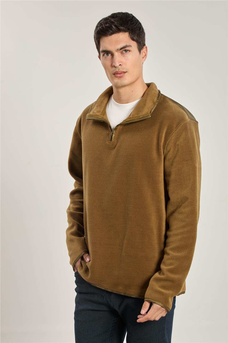 Erkek Yarım Fermuarlı Polar Sweatshirt - Kahve